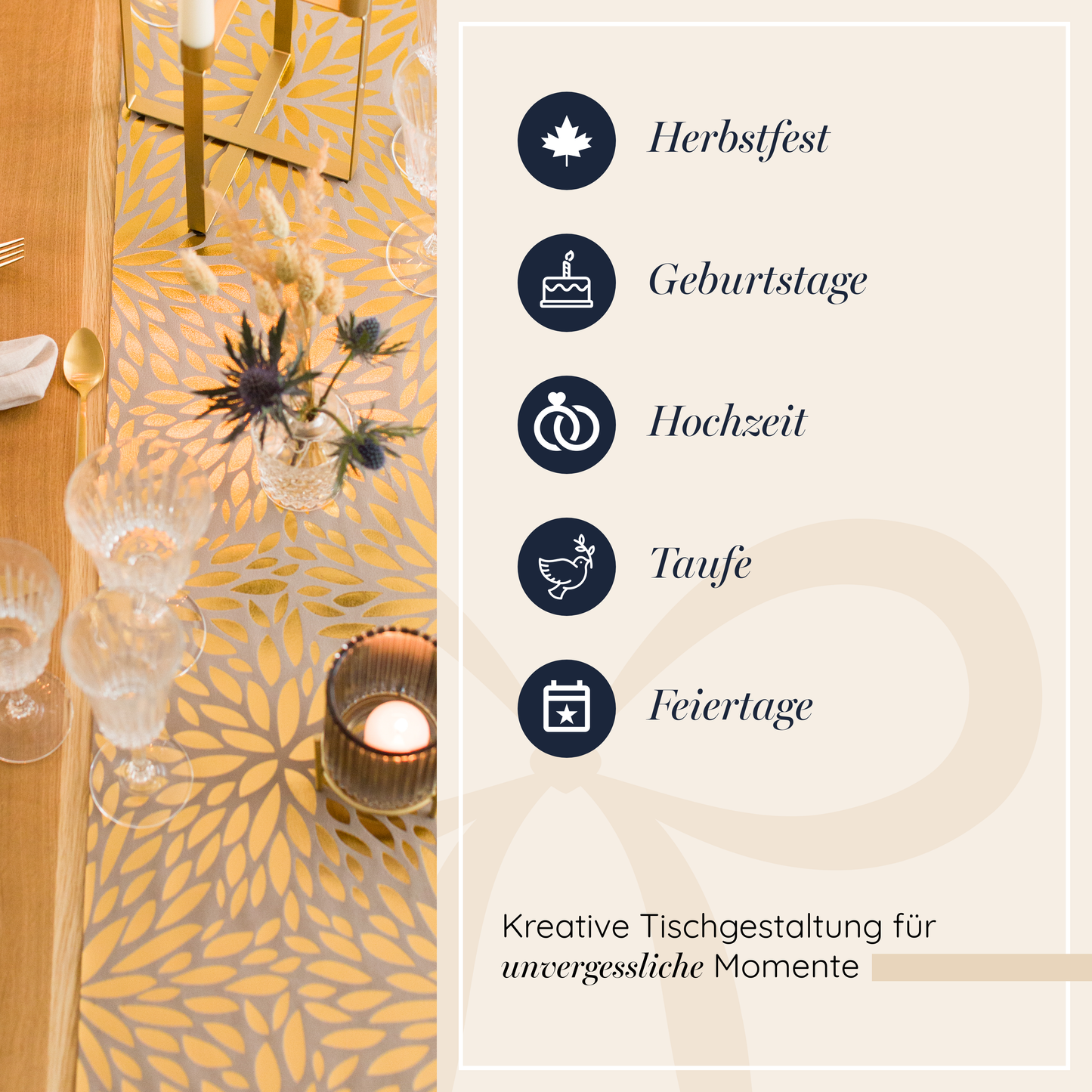Tischläufer Samt Taupe, Dahlien Gold