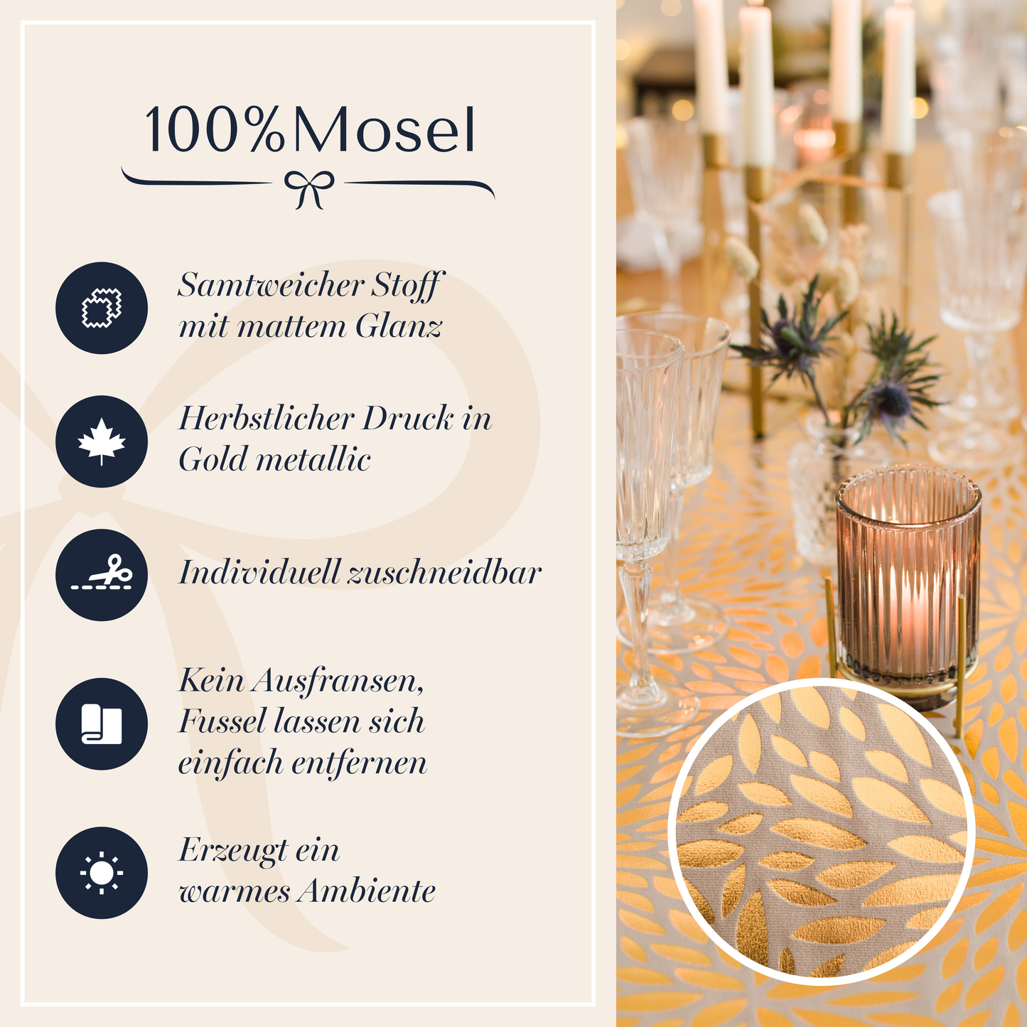 Tischläufer Samt Taupe, Dahlien Gold