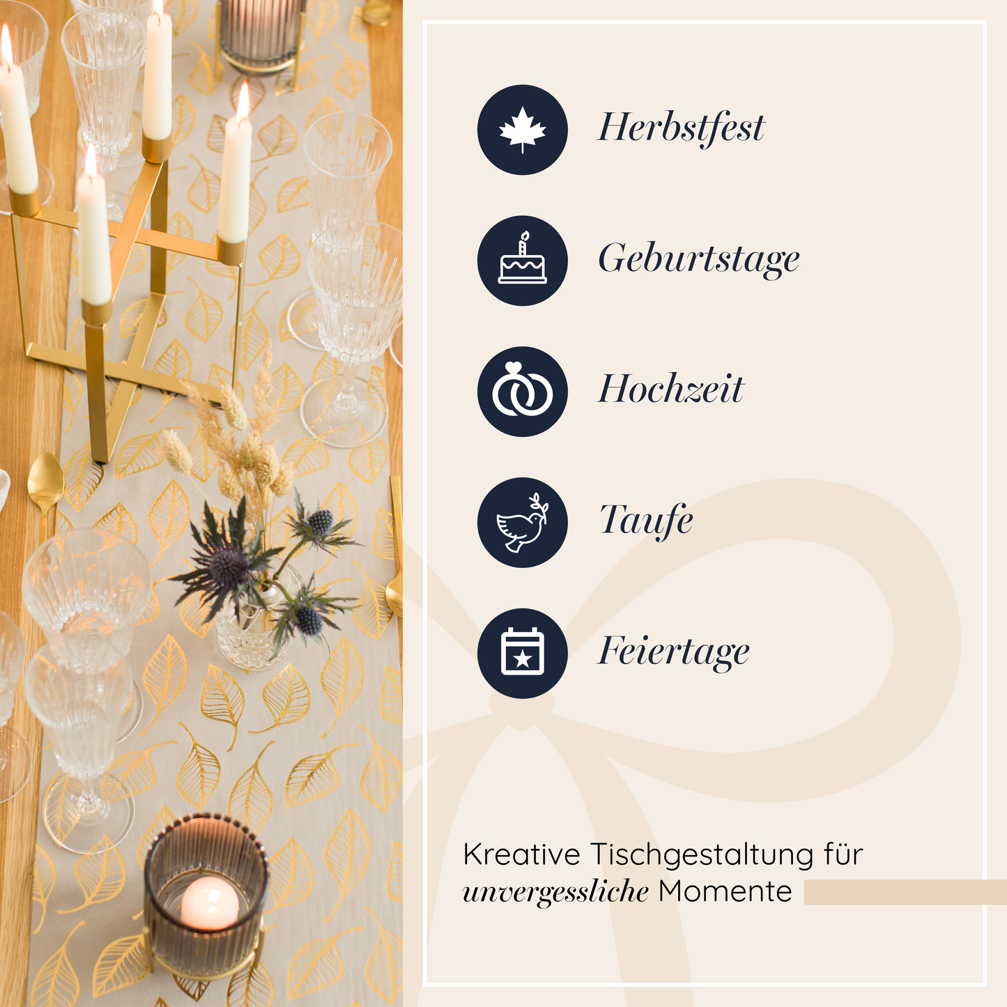 Tischläufer Samt Beige, Blätter Gold