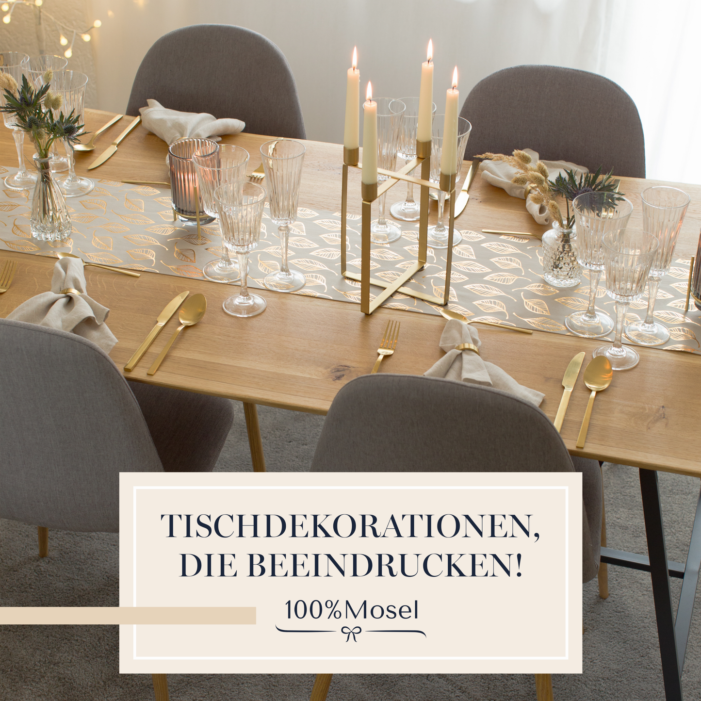 Tischläufer Samt Beige, Blätter Gold