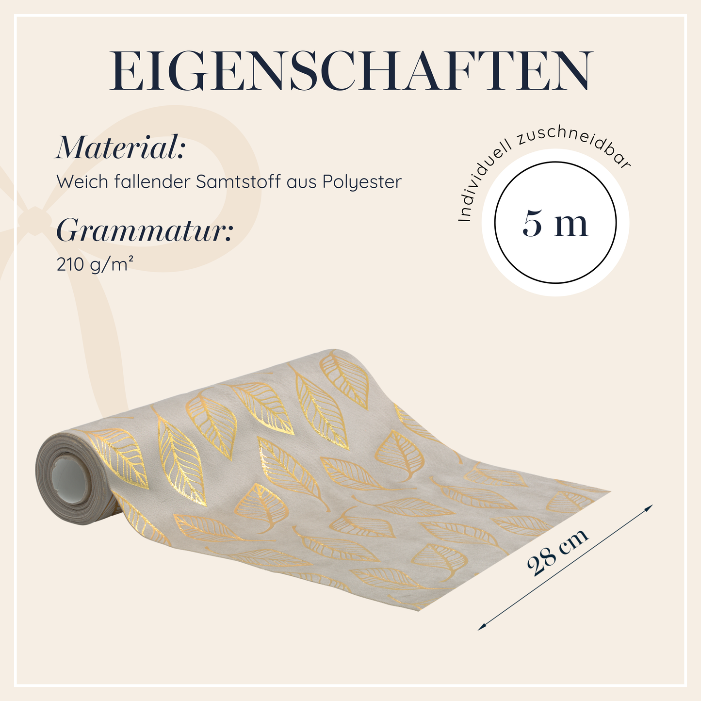 Tischläufer Samt Beige, Blätter Gold