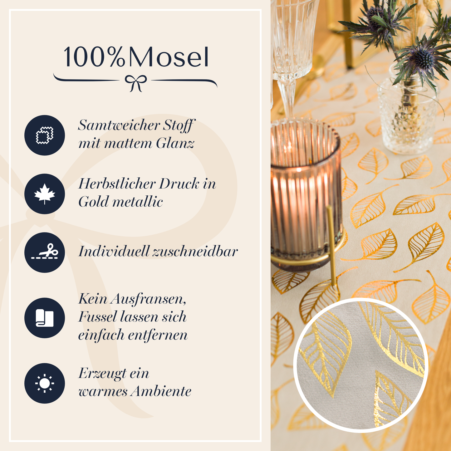 Tischläufer Samt Beige, Blätter Gold