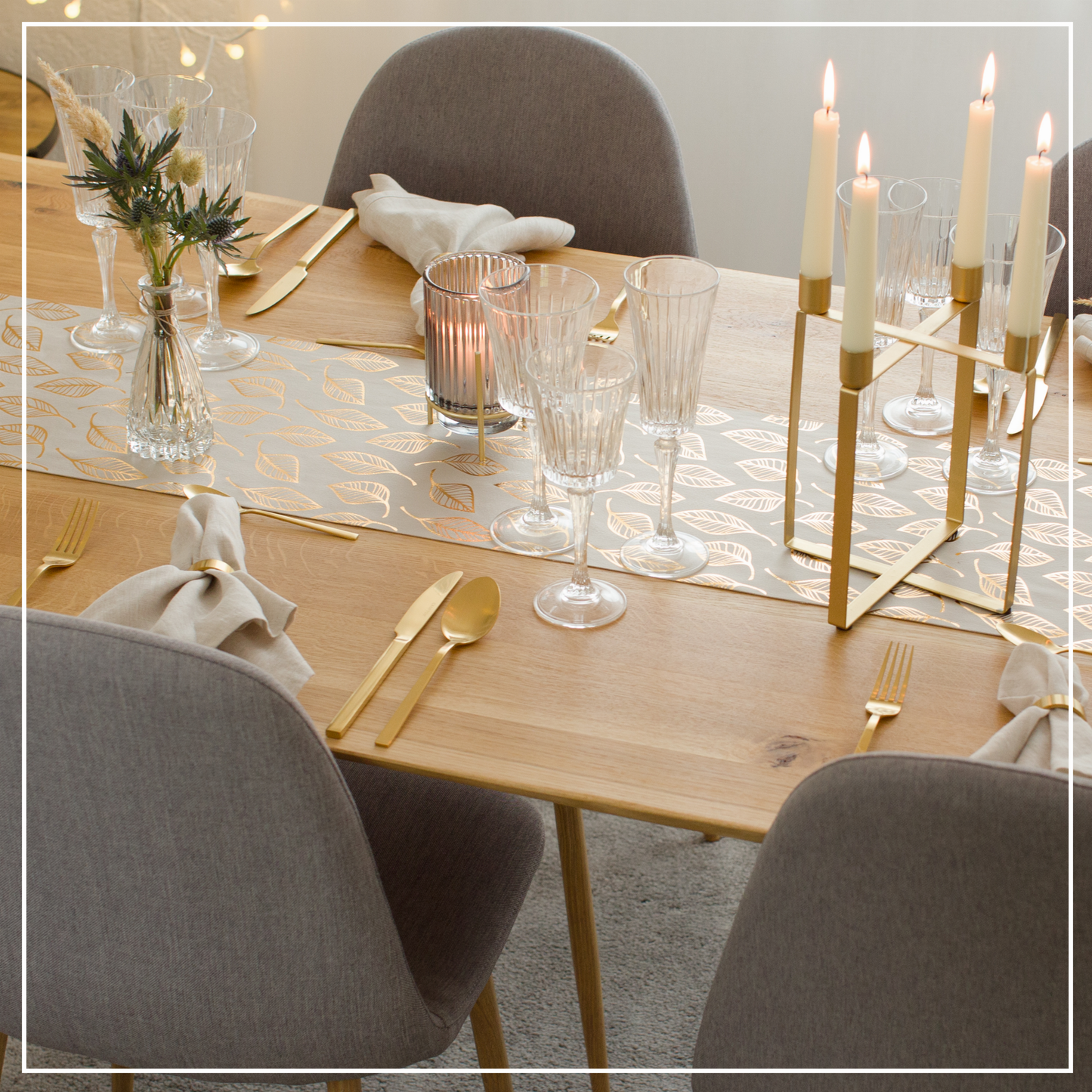 Tischläufer Samt Beige, Blätter Gold