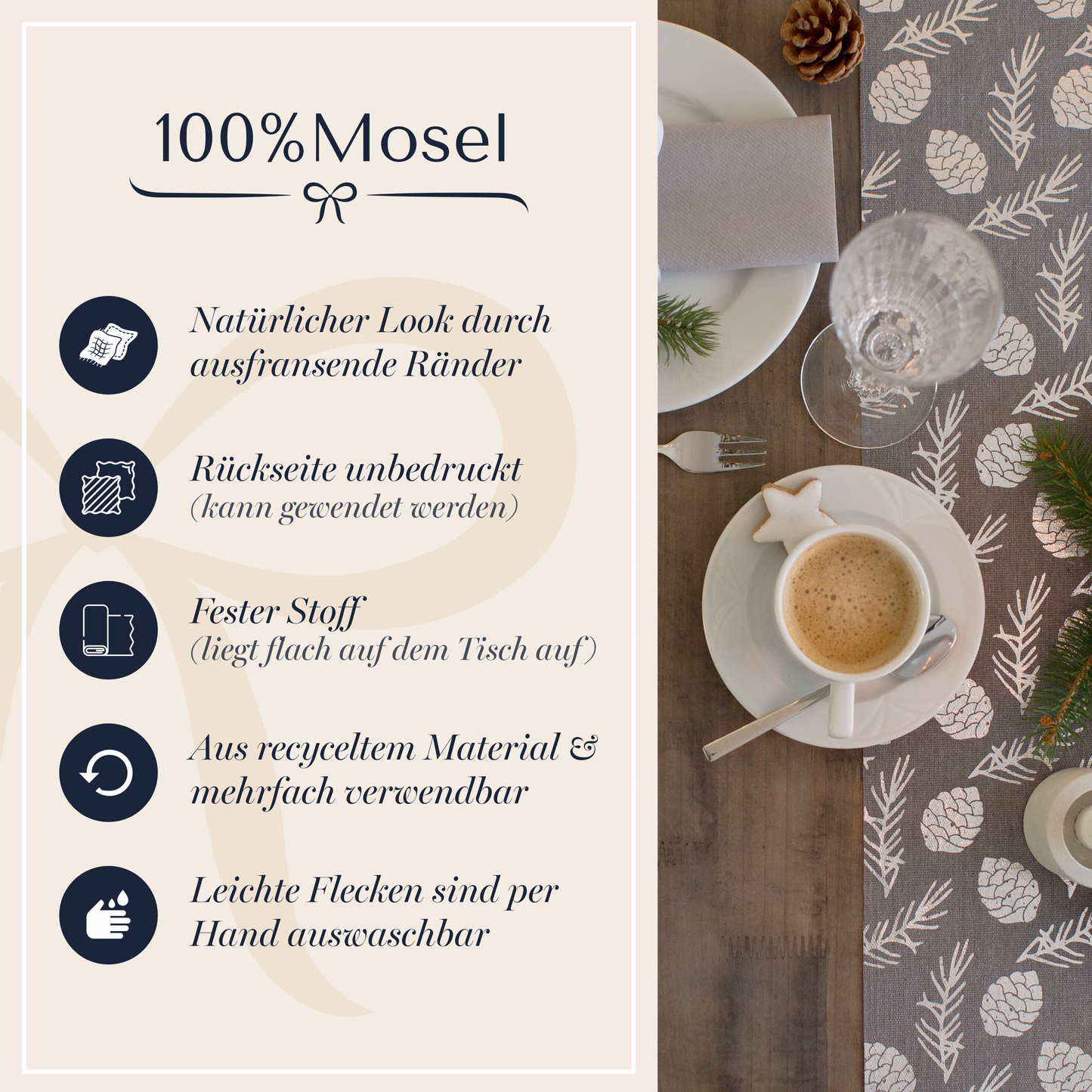 Tischläufer Natur mit silbernen Zapfen