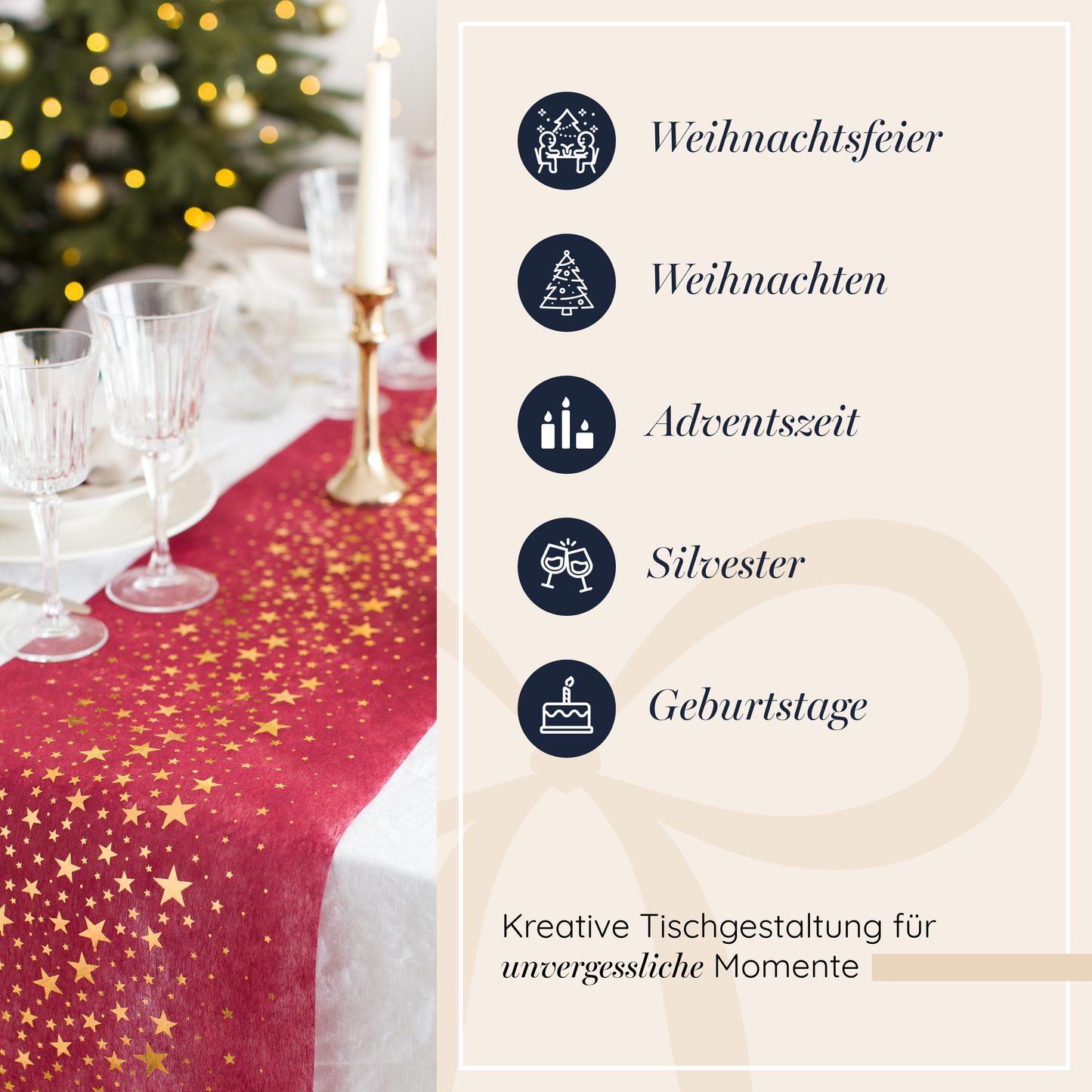 Vlies Tischläufer, Bordeauxrot, Sterne in Gold