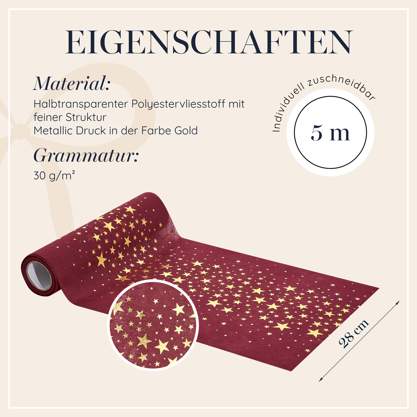 Vlies Tischläufer, Bordeauxrot, Sterne in Gold