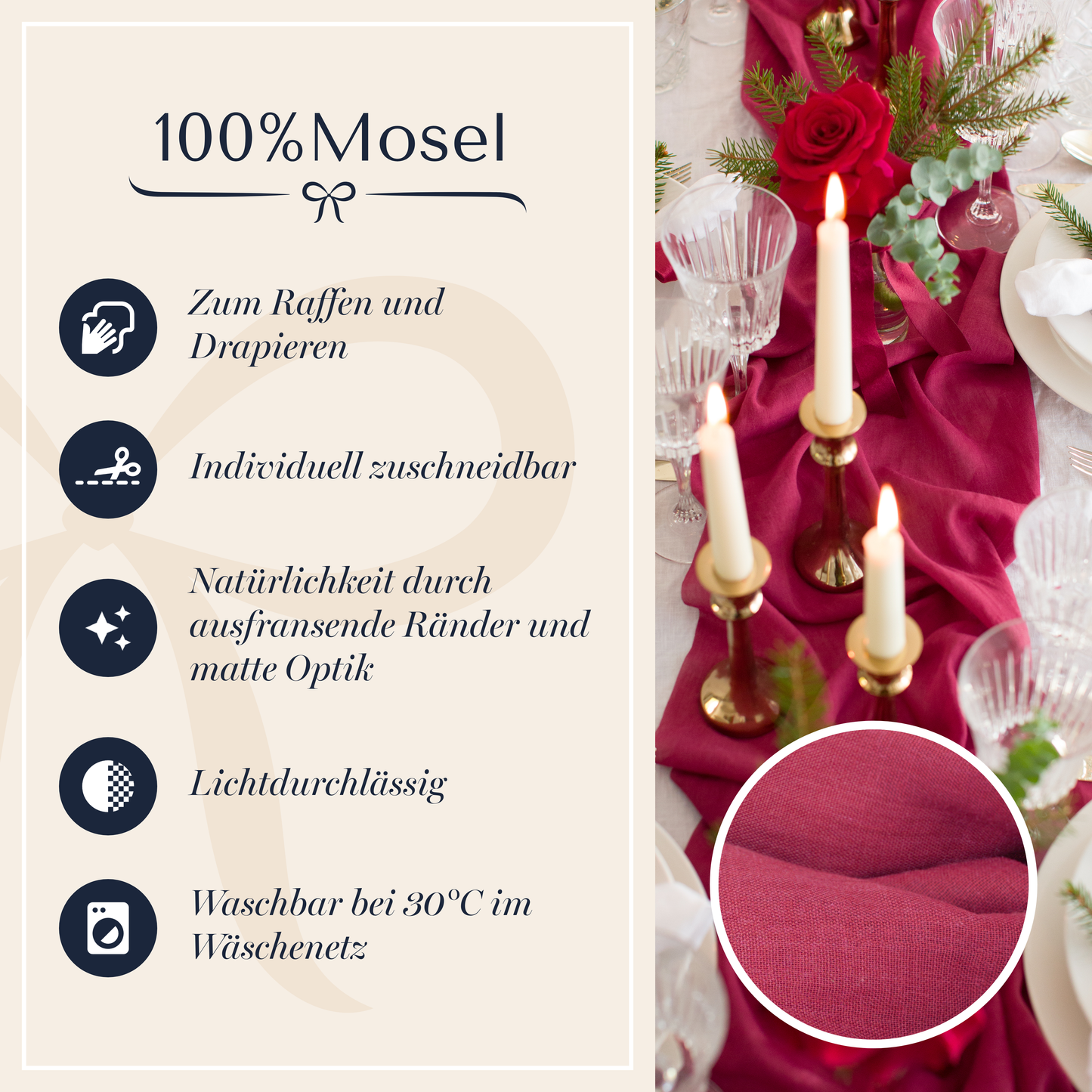 Musselin Tischläufer, Bordeauxrot