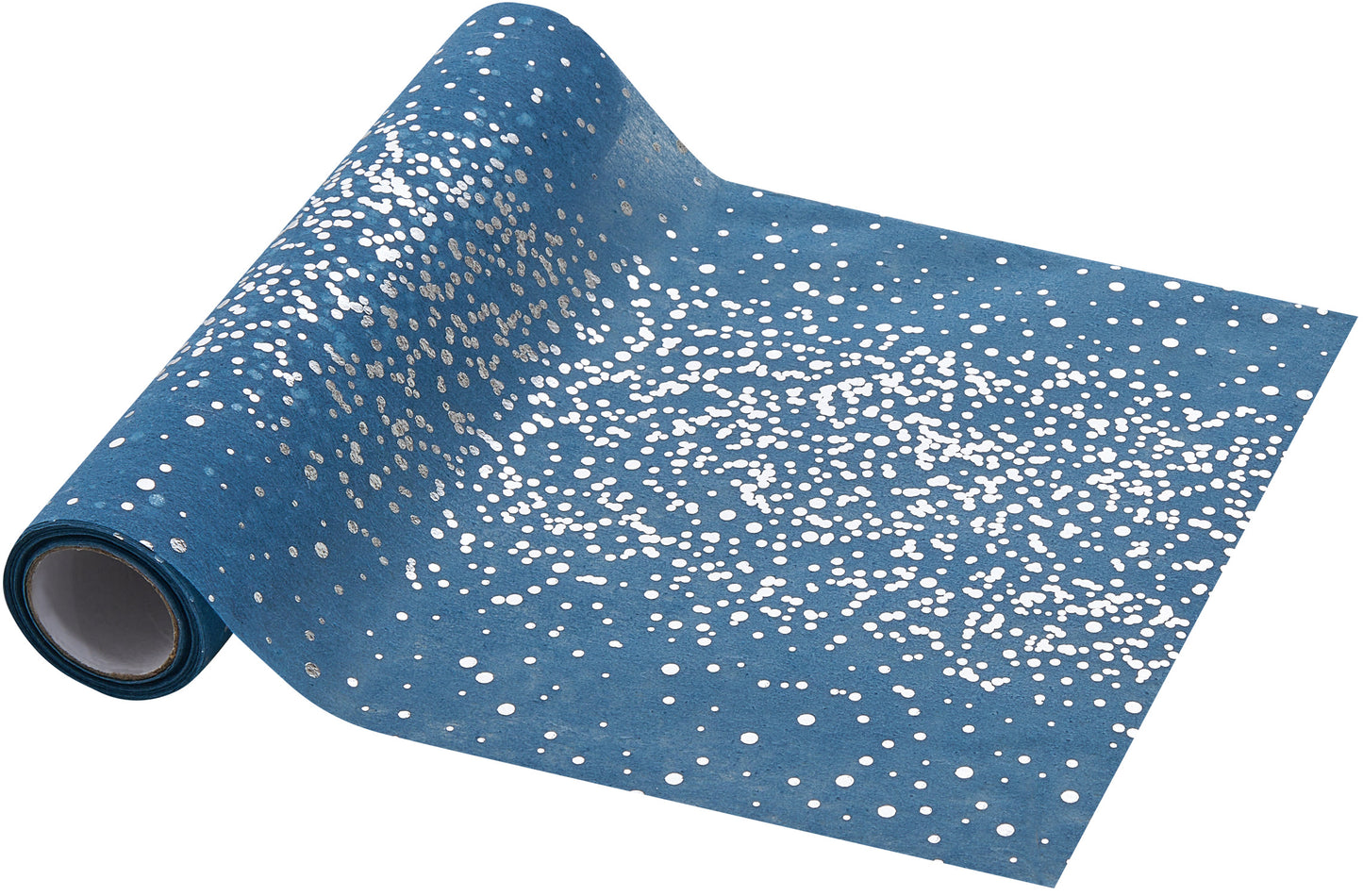 Tischläufer Vlies Rauchblau, schmal, Punkte in Silber