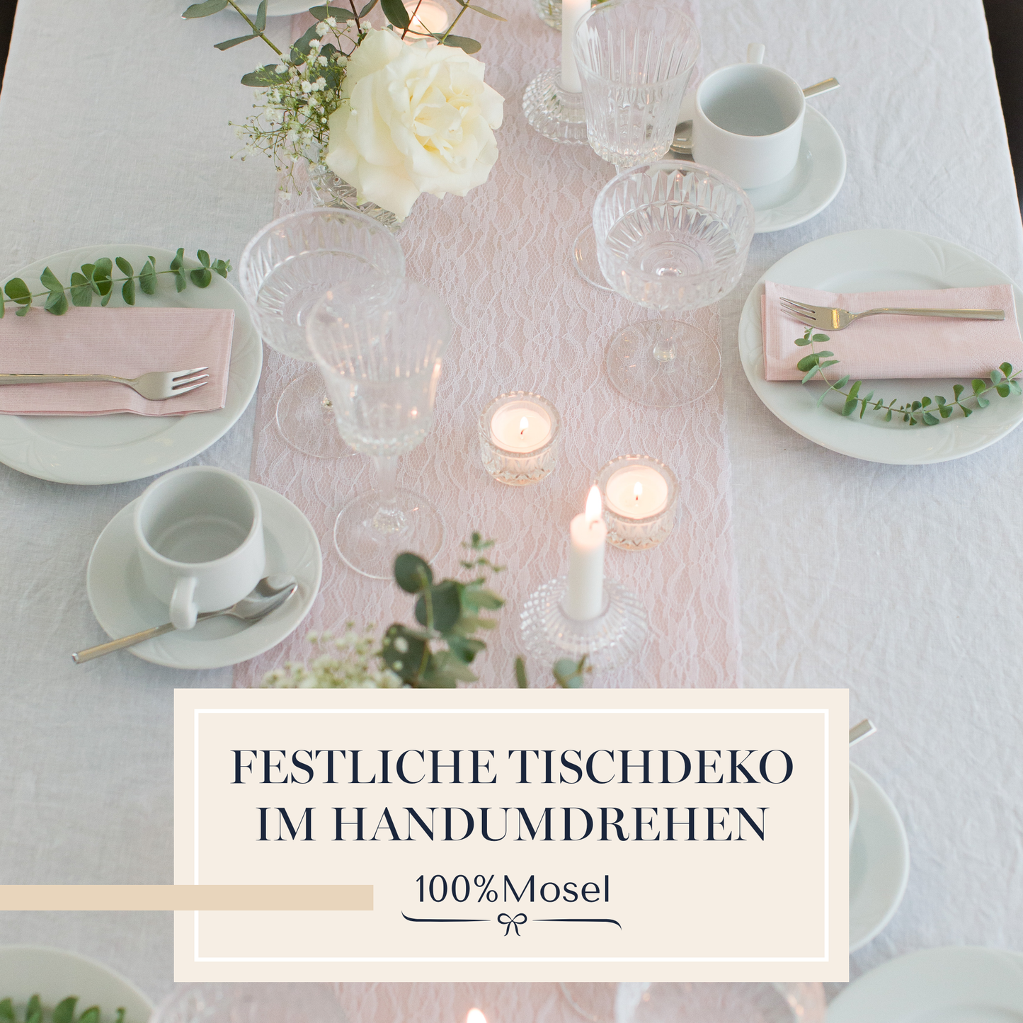 Tischdeko Set in Blush Rosé und Weiß, breite Spitze