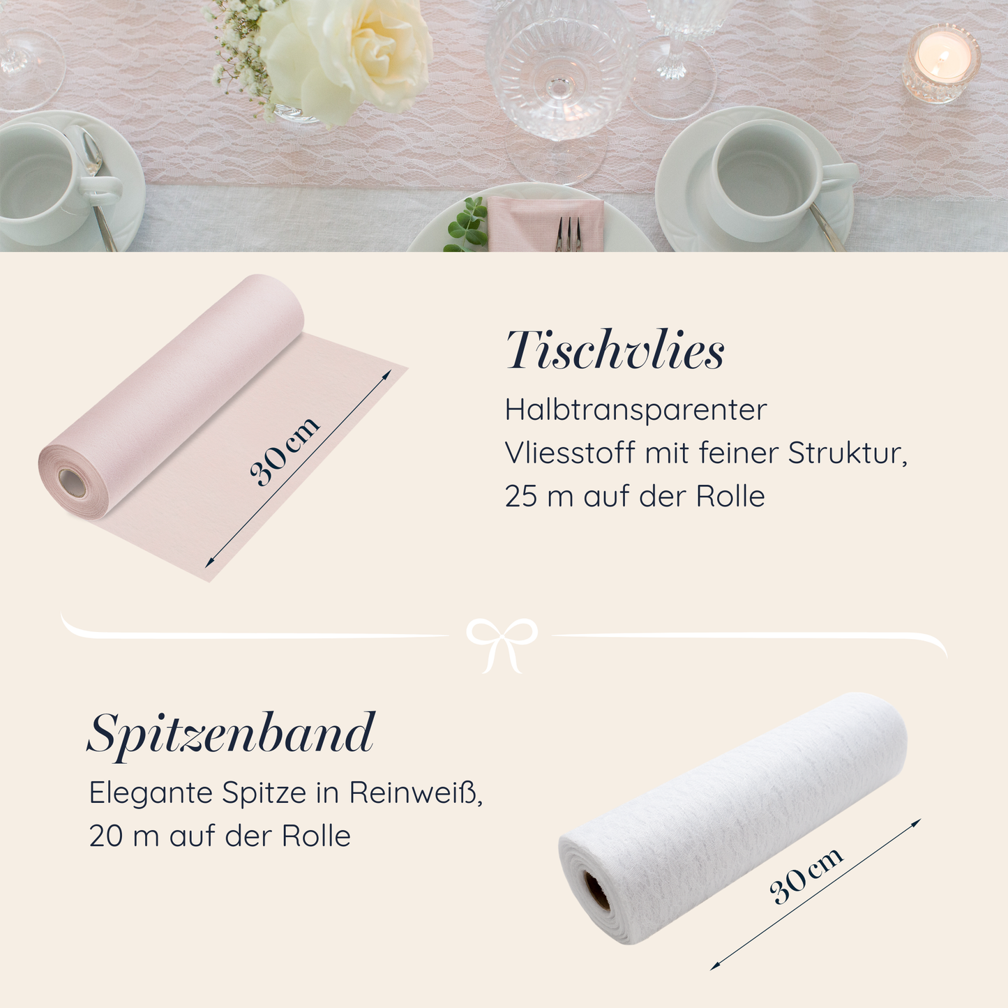 Tischdeko Set in Blush Rosé und Weiß, breite Spitze