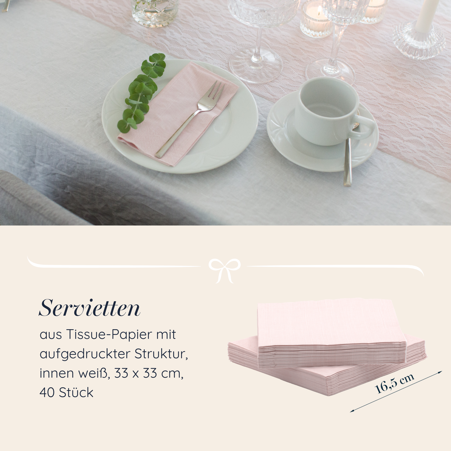 Tischdeko Set in Blush Rosé und Weiß, breite Spitze