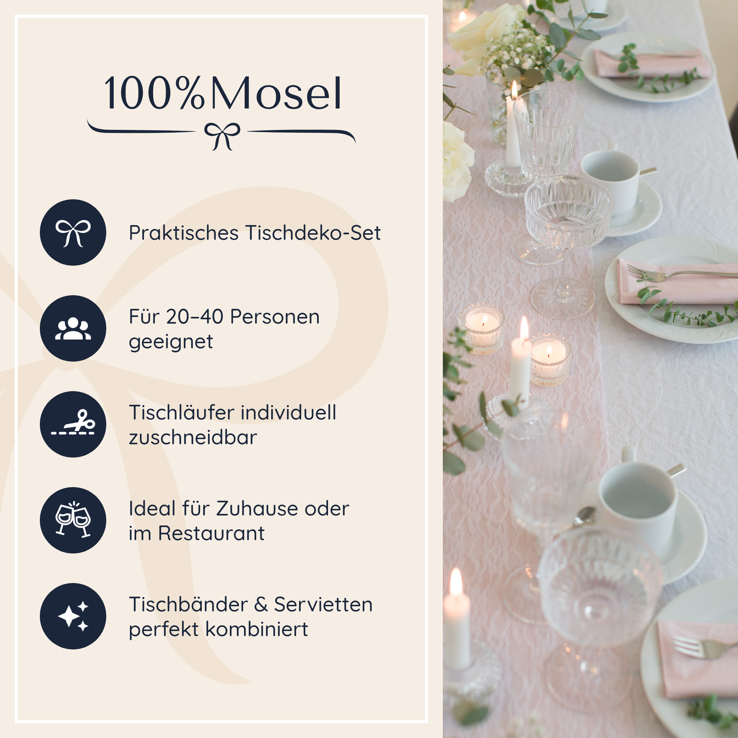 Tischdeko Set in Blush Rosé und Weiß, breite Spitze