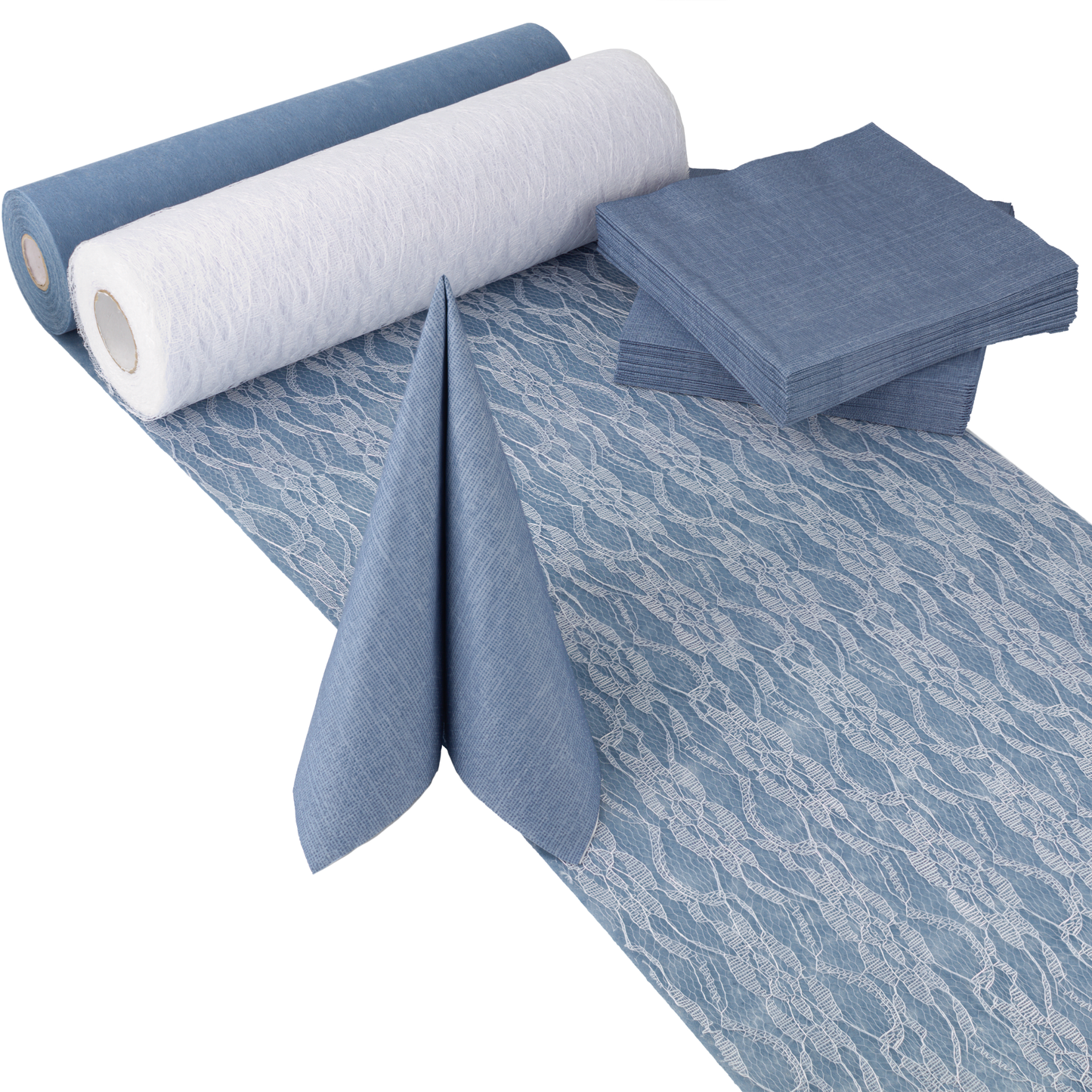 Tischdeko Set Rauchblau und Weiß, breite Spitze