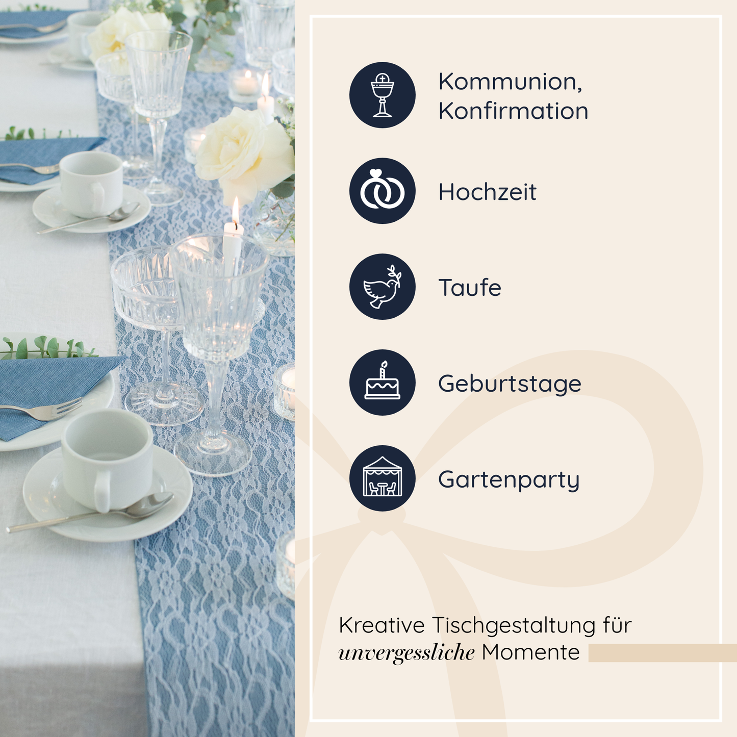 Tischdeko Set Rauchblau und Weiß, breite Spitze