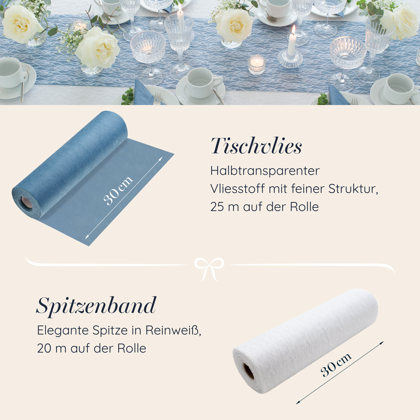 Tischdeko Set Rauchblau und Weiß, breite Spitze