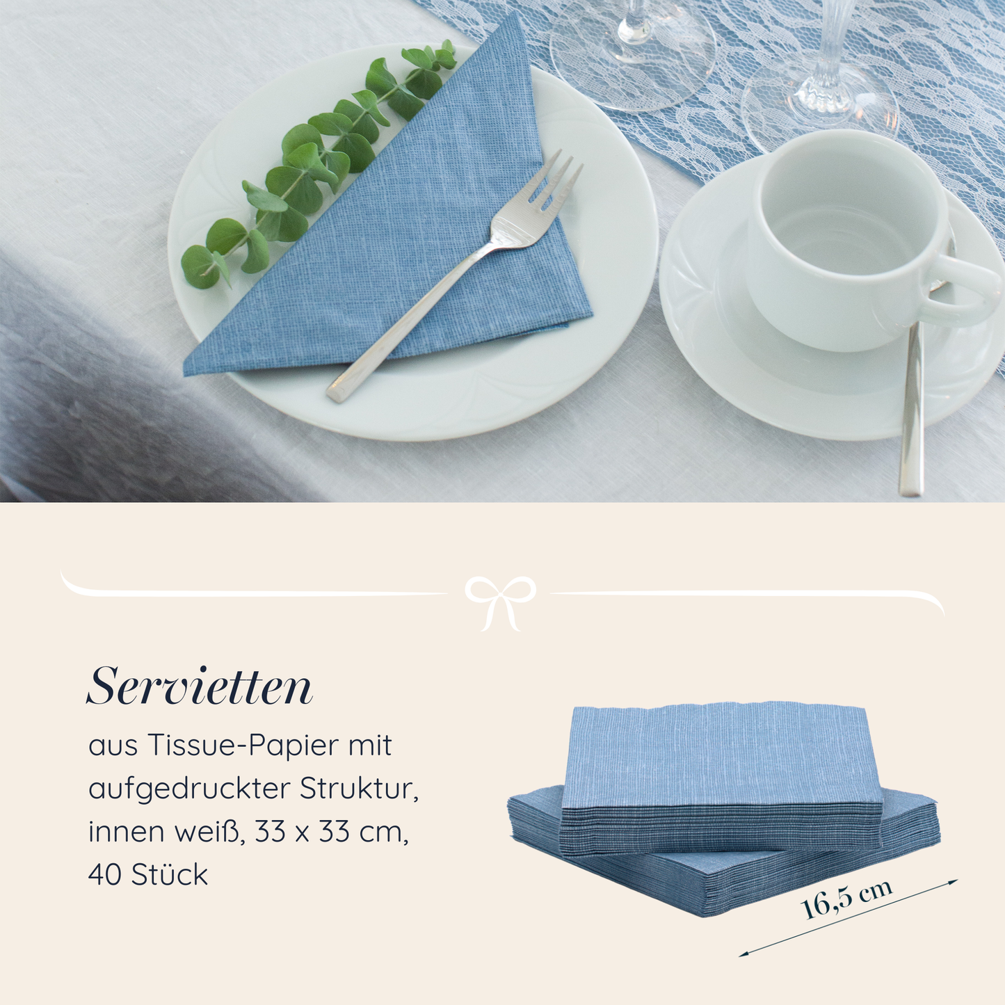 Tischdeko Set Rauchblau und Weiß, breite Spitze
