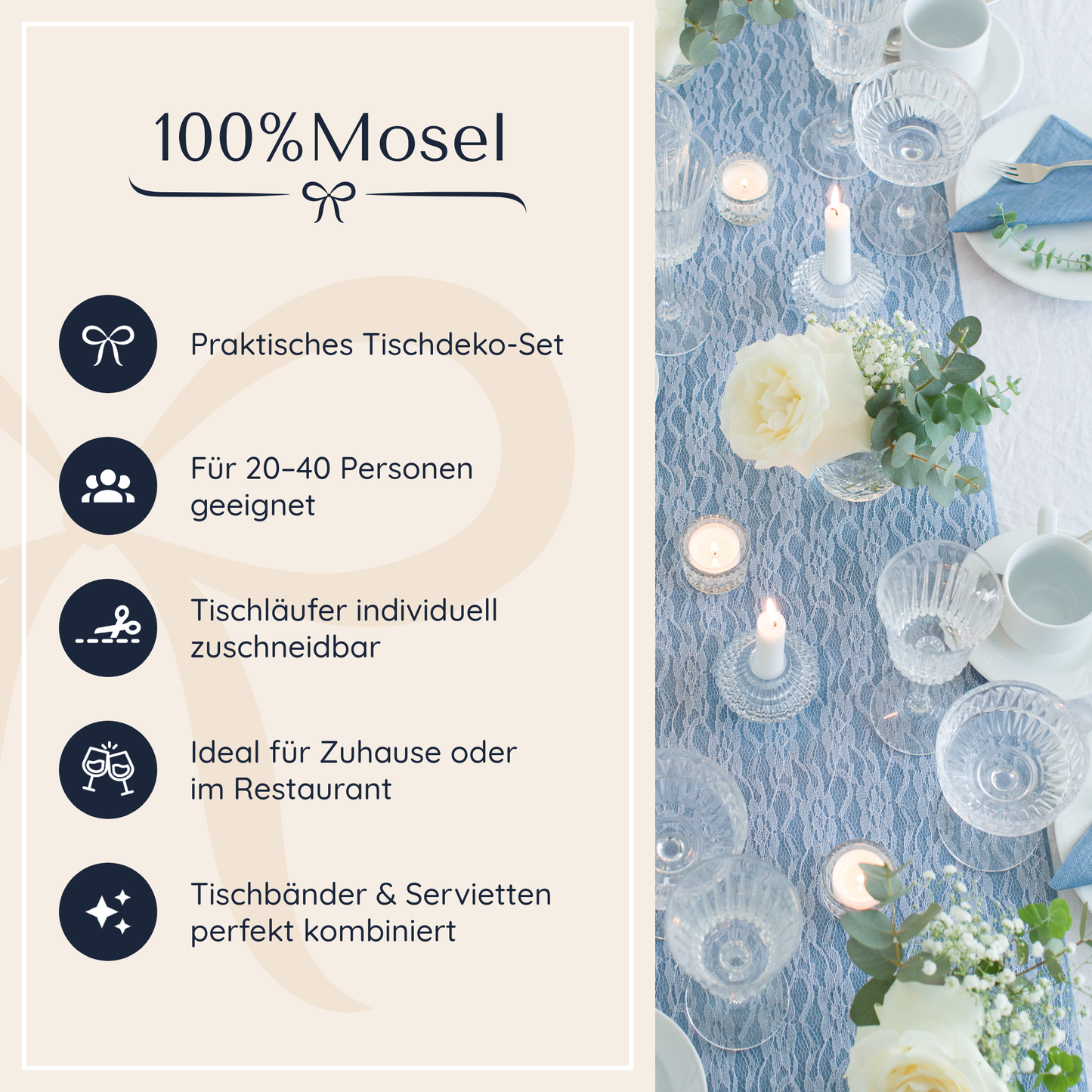 Tischdeko Set Rauchblau und Weiß, breite Spitze