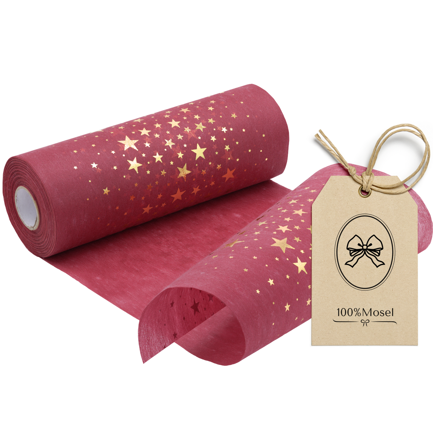 Vlies Tischläufer schmal, XL Länge, in Bordeauxrot, Sterne in Gold