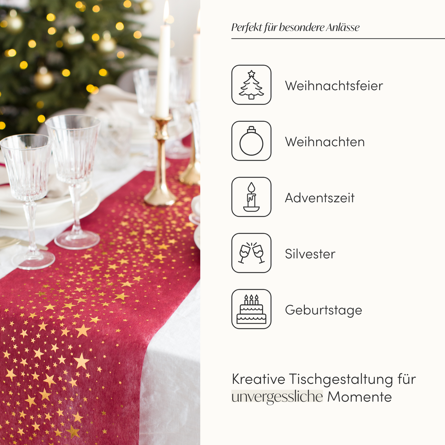 Vlies Tischläufer schmal, XL Länge, in Bordeauxrot, Sterne in Gold