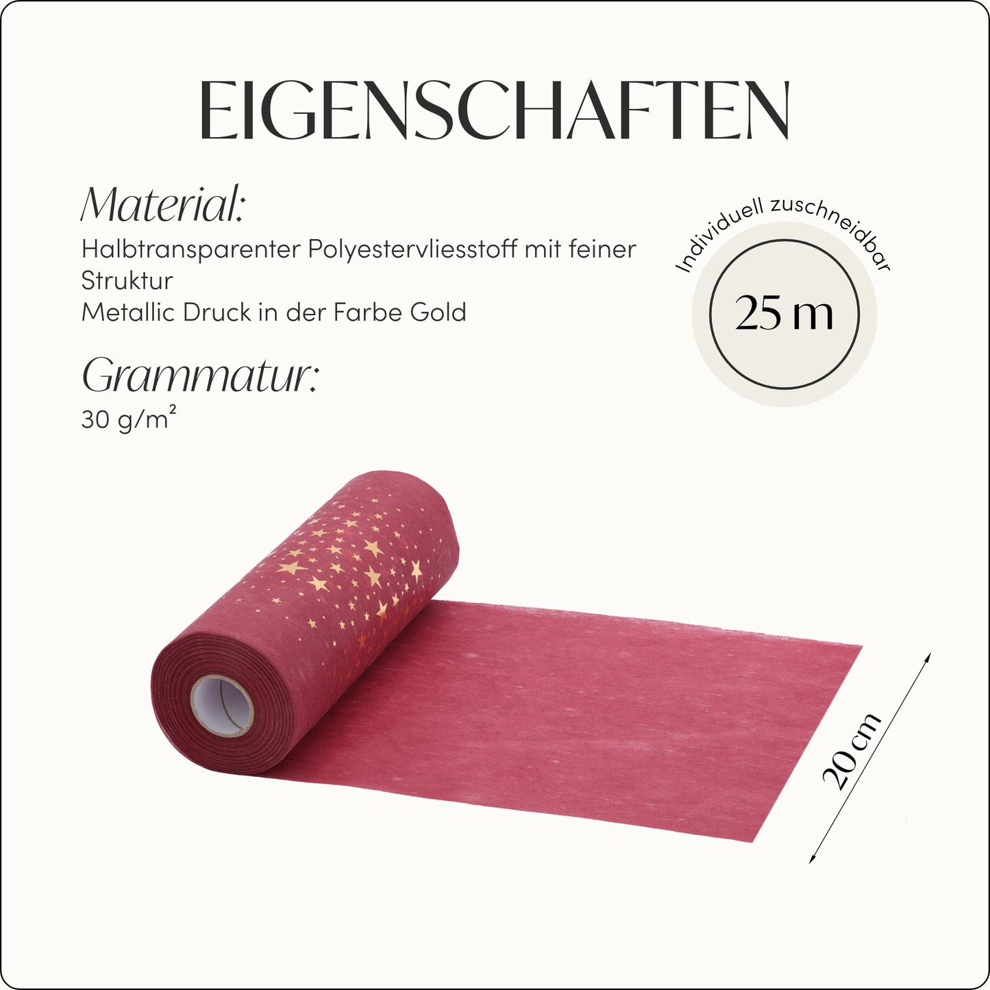 Vlies Tischläufer schmal, XL Länge, in Bordeauxrot, Sterne in Gold