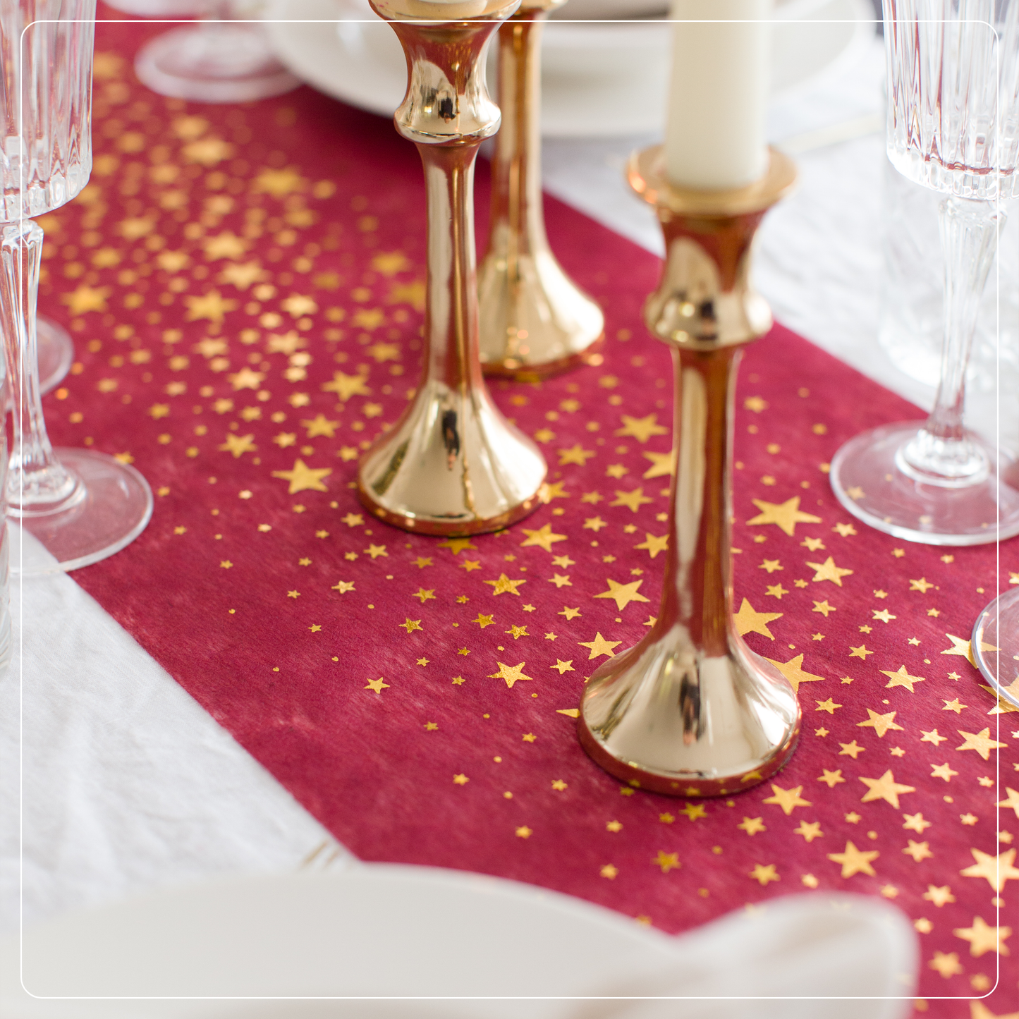 Vlies Tischläufer schmal, XL Länge, in Bordeauxrot, Sterne in Gold