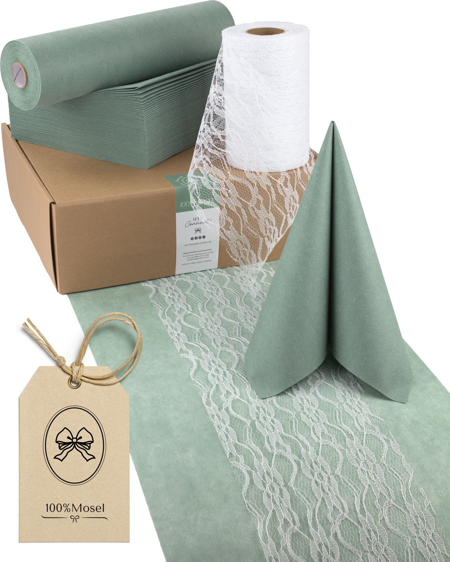 Tischdeko Set Airlaid für 50 Gäste, in Eukalyptus Grün und Weiß