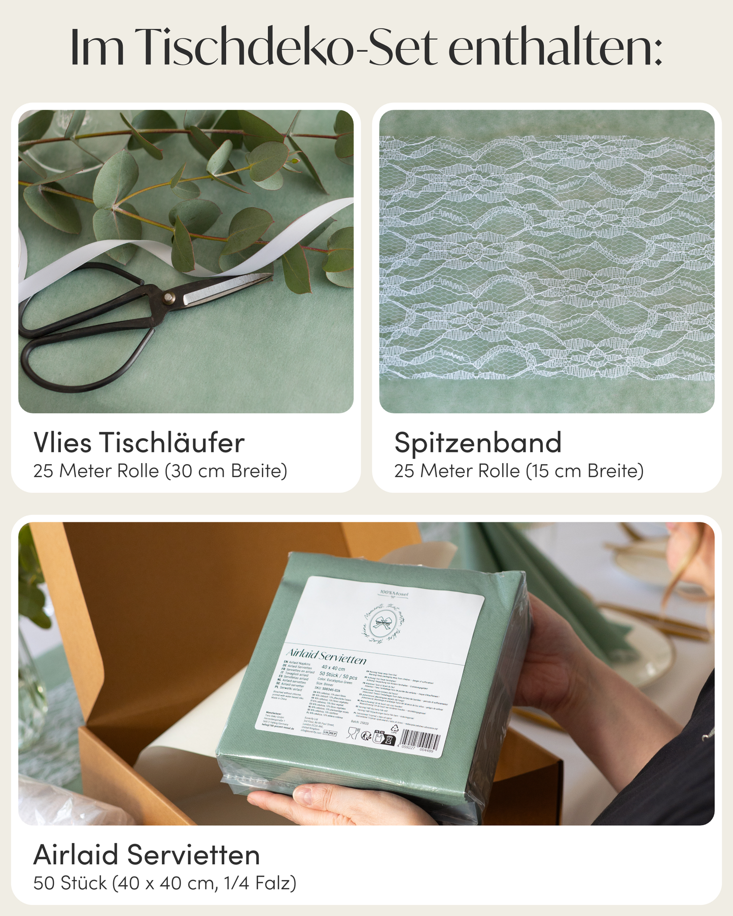 Tischdeko Set Airlaid für 50 Gäste, in Eukalyptus Grün und Weiß