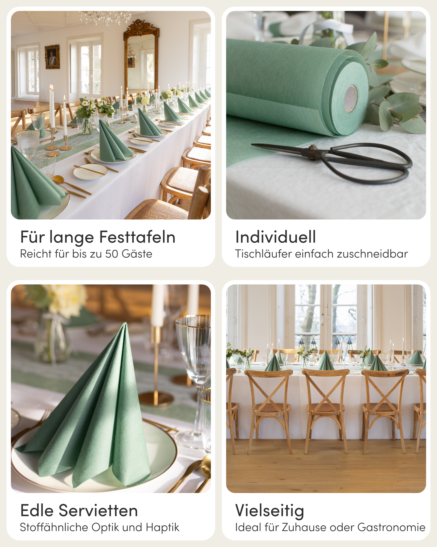 Tischdeko Set Airlaid für 50 Gäste, in Eukalyptus Grün und Weiß
