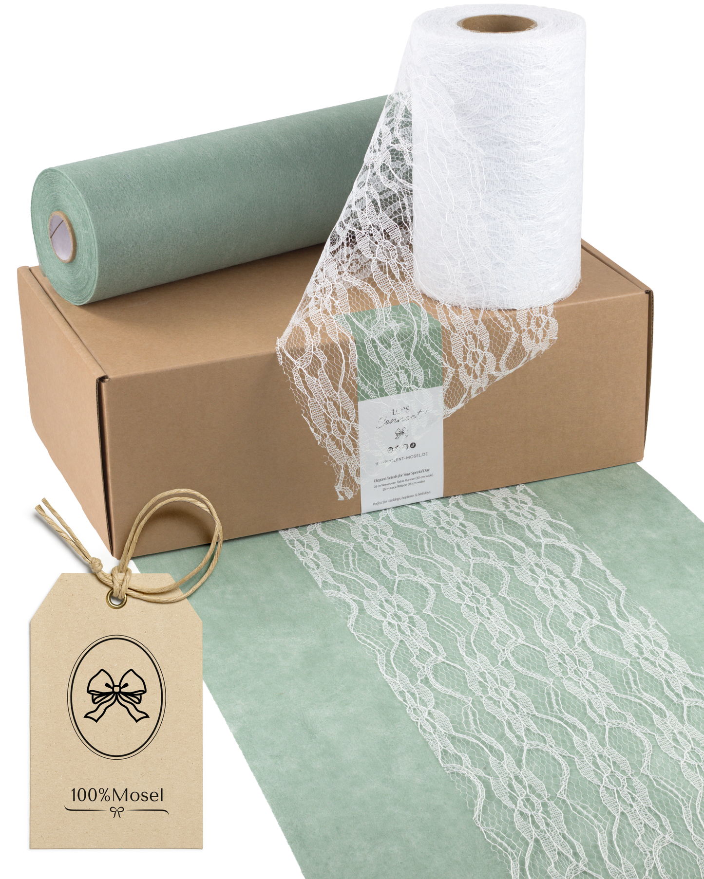 Tischläufer Set in Eukalyptus Grün und Weiß