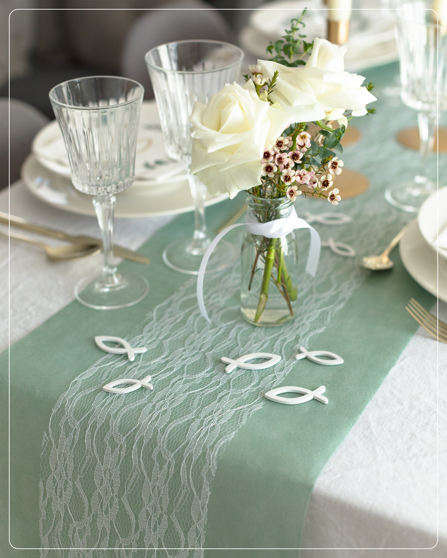 Tischläufer Set in Eukalyptus Grün und Weiß