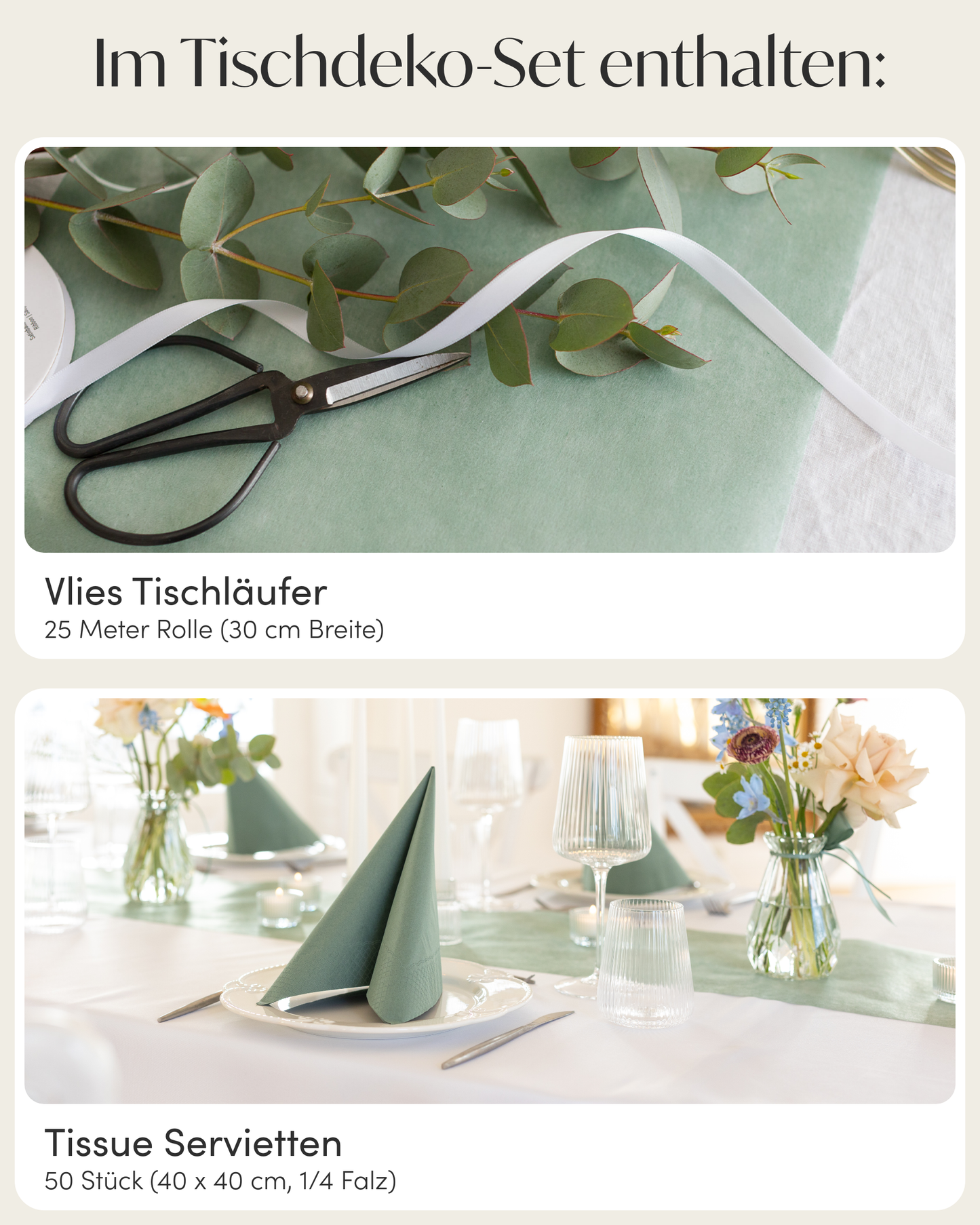 Tischdeko Set Tissue für 50 Gäste, Eukalyptus Grün