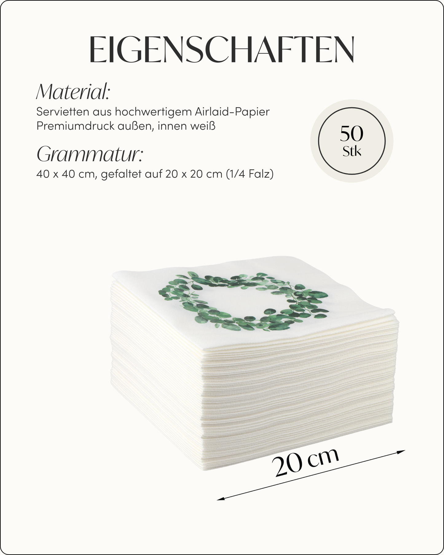 Airlaid Servietten Eukalyptus Kranz, 40 x 40 cm
