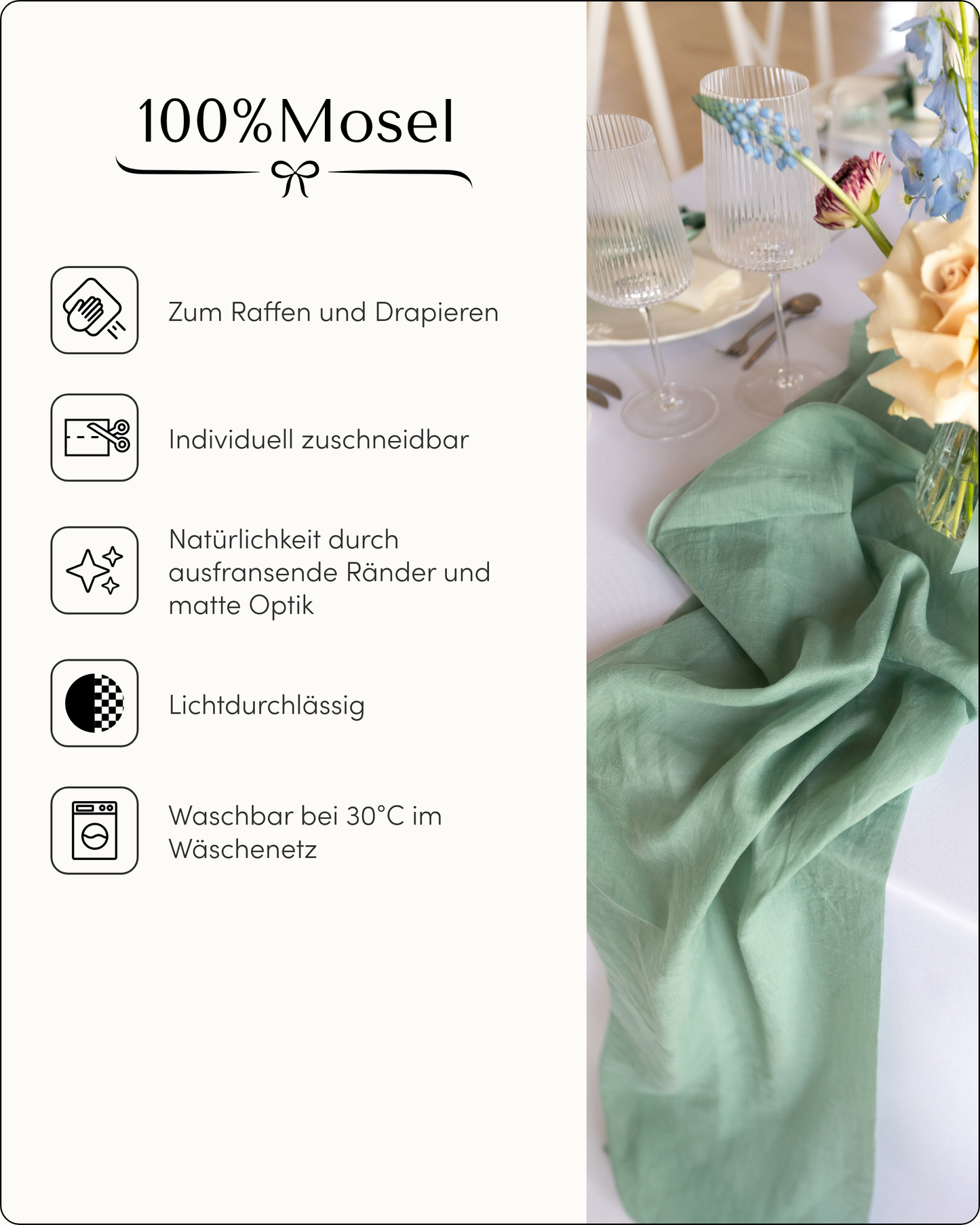 Musselin Tischläufer, Eukalyptus Grün