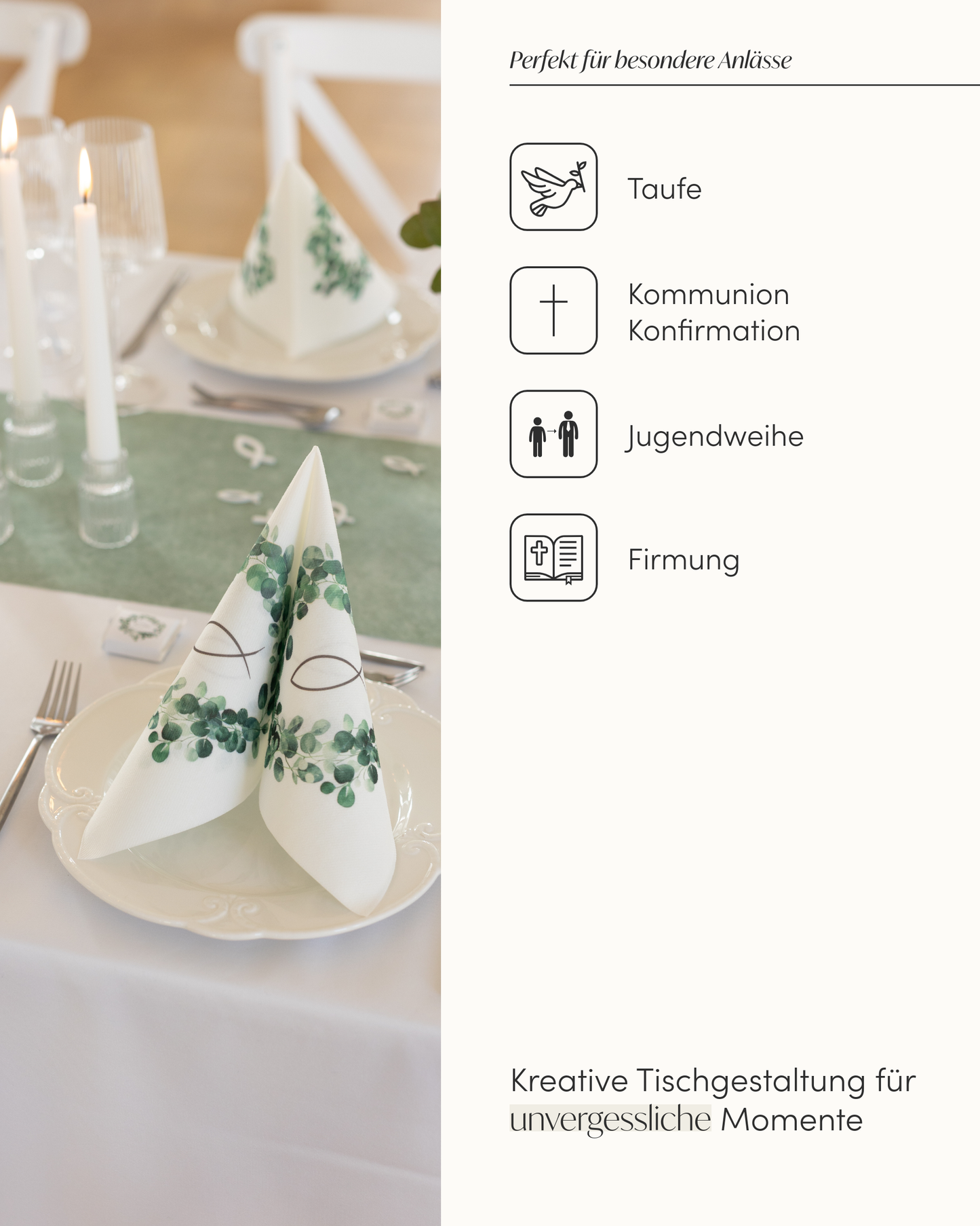 Tischdeko Set Kommunion für 50 Gäste, im Eukalyptus Design