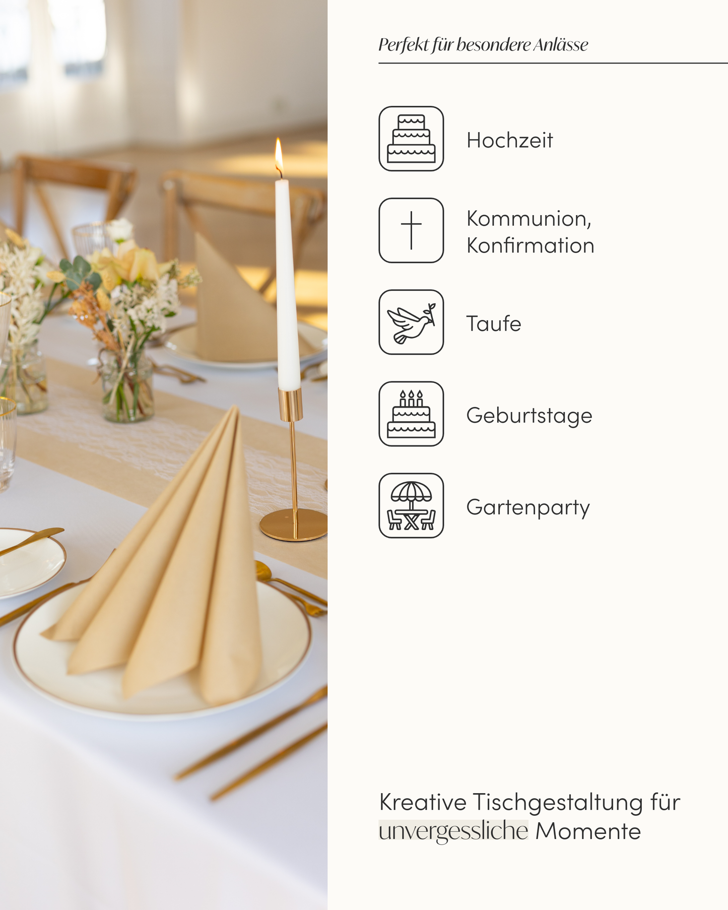 Tischdeko Set Airlaid für 50 Gäste, in Sand Beige und Weiß