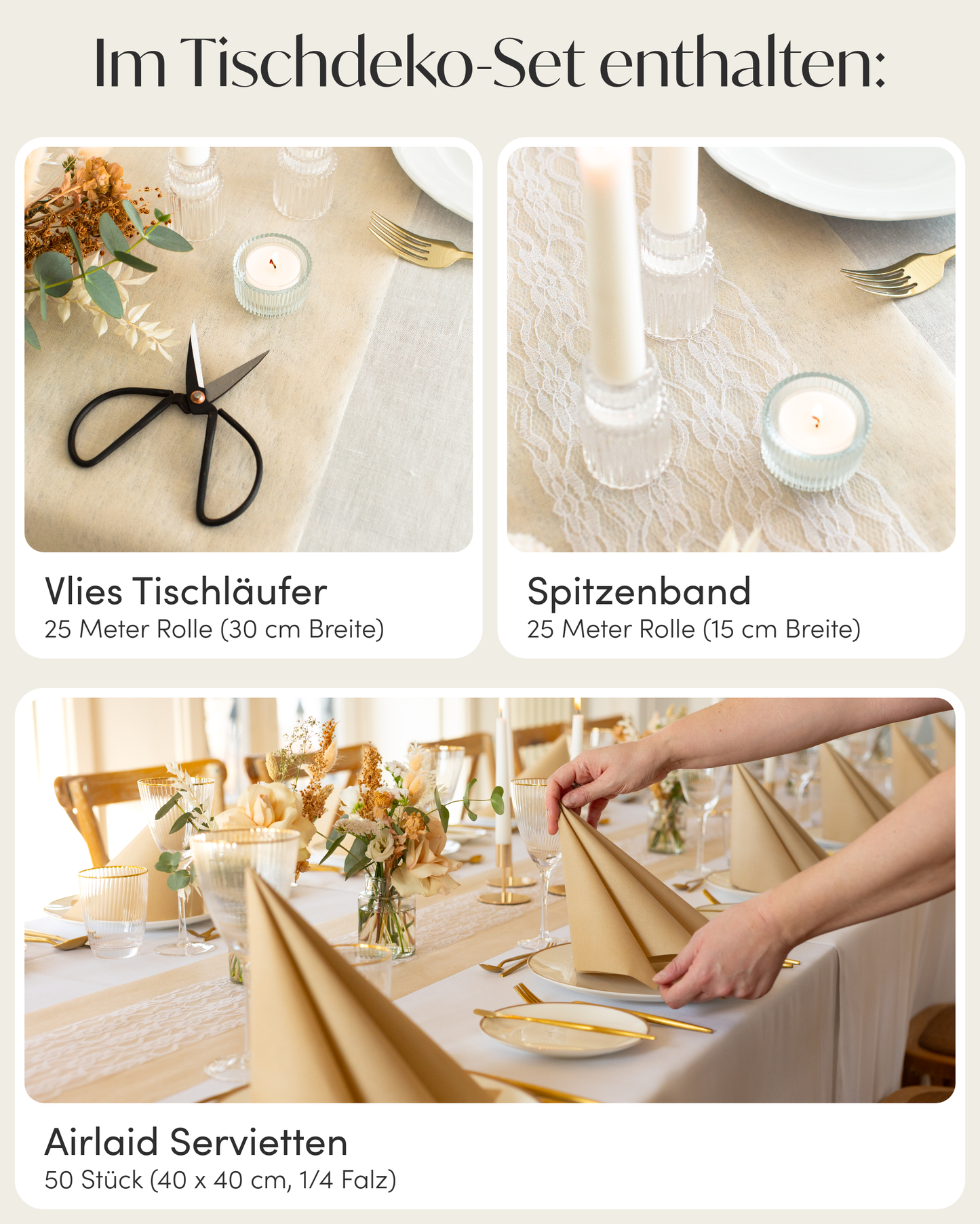 Tischdeko Set Airlaid für 50 Gäste, in Sand Beige und Weiß