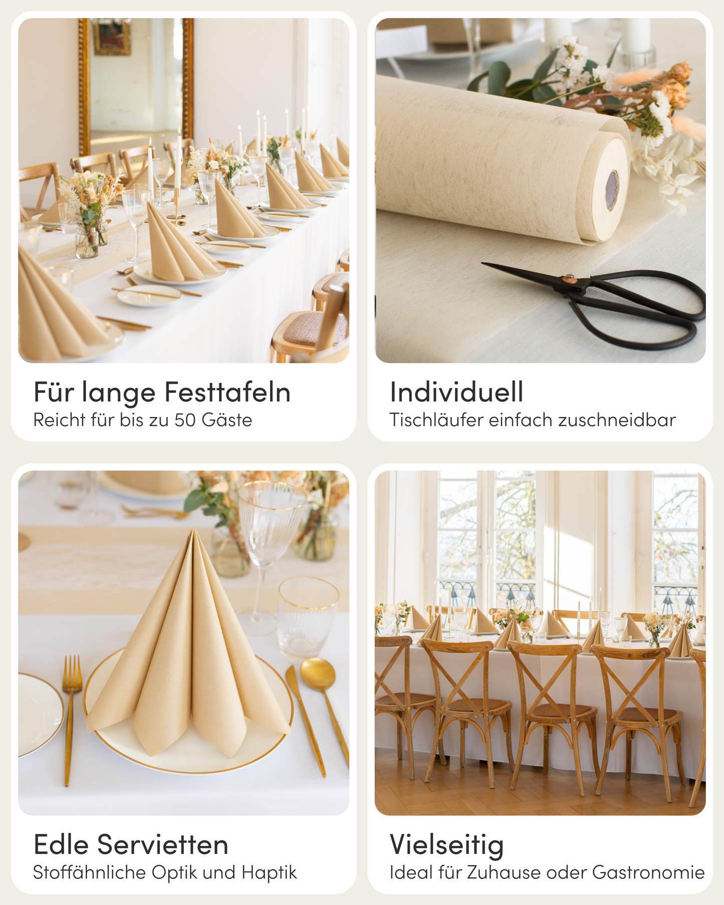 Tischdeko Set Airlaid für 50 Gäste, in Sand Beige und Weiß