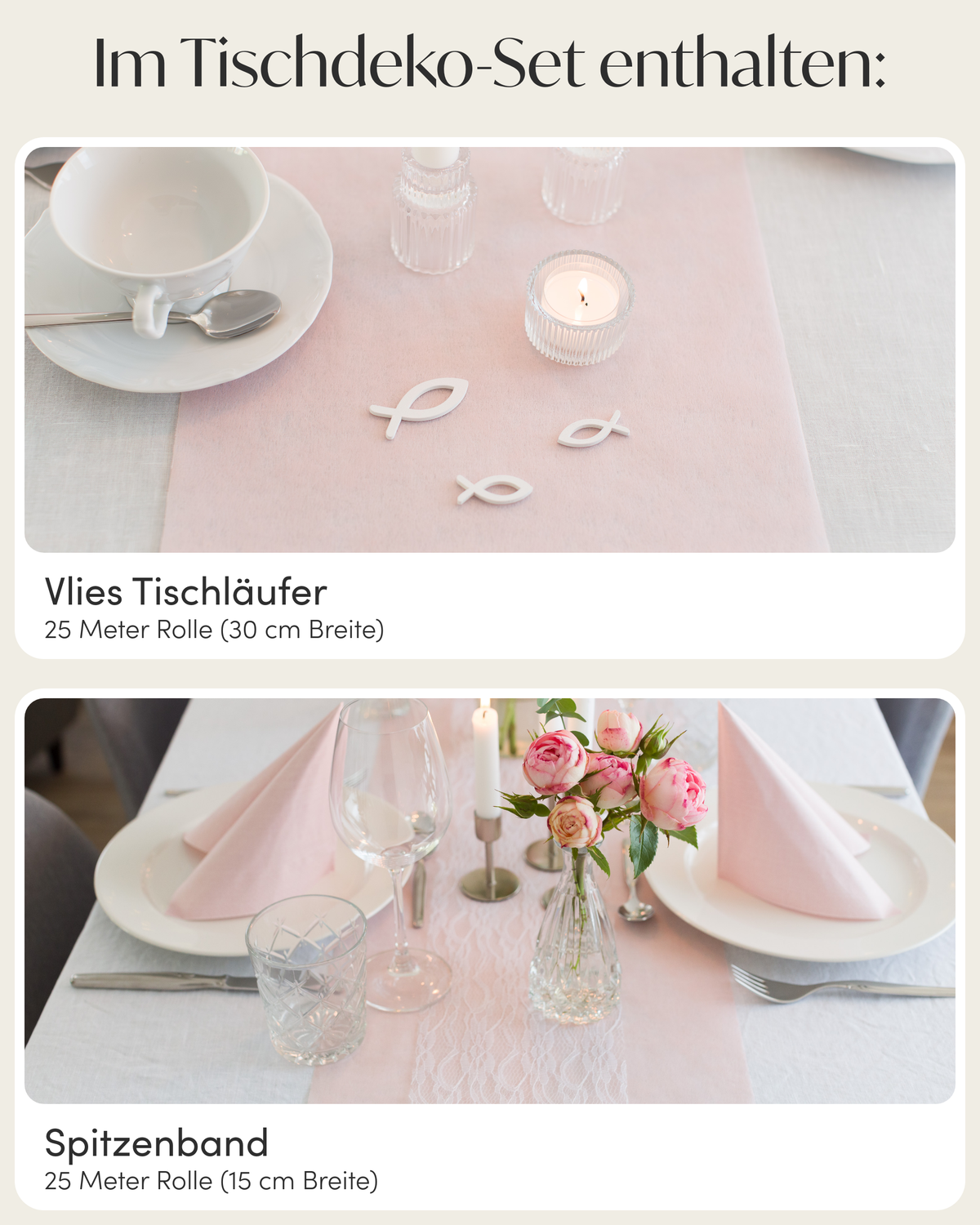 Tischläufer Set in Blush Rosé und Weiß