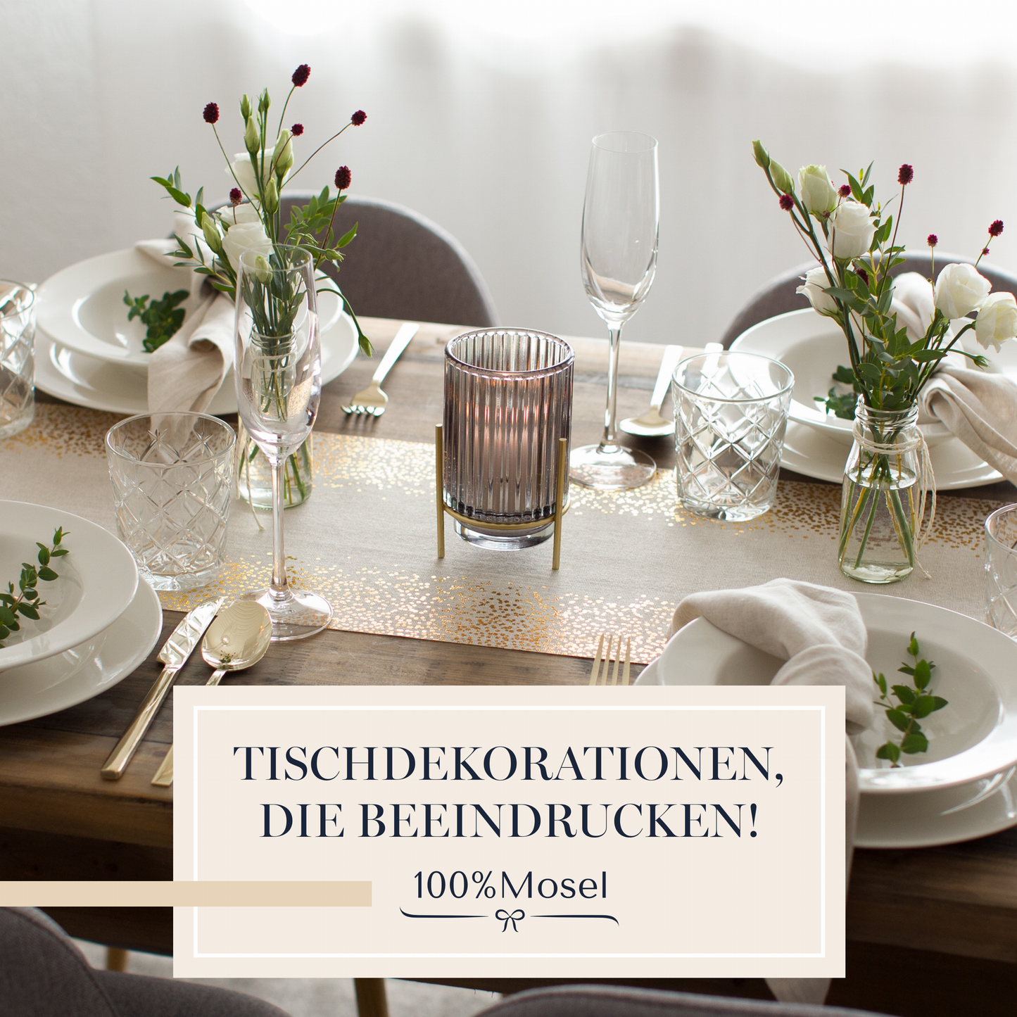 Tischläufer Natur mit goldenen Punkten