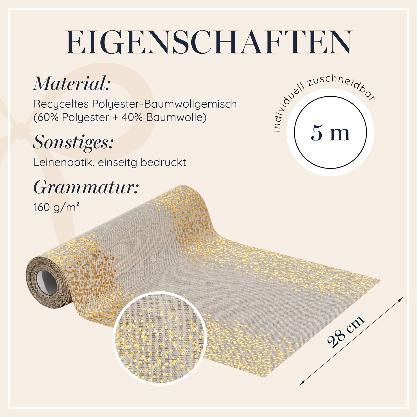 Tischläufer Natur mit goldenen Punkten