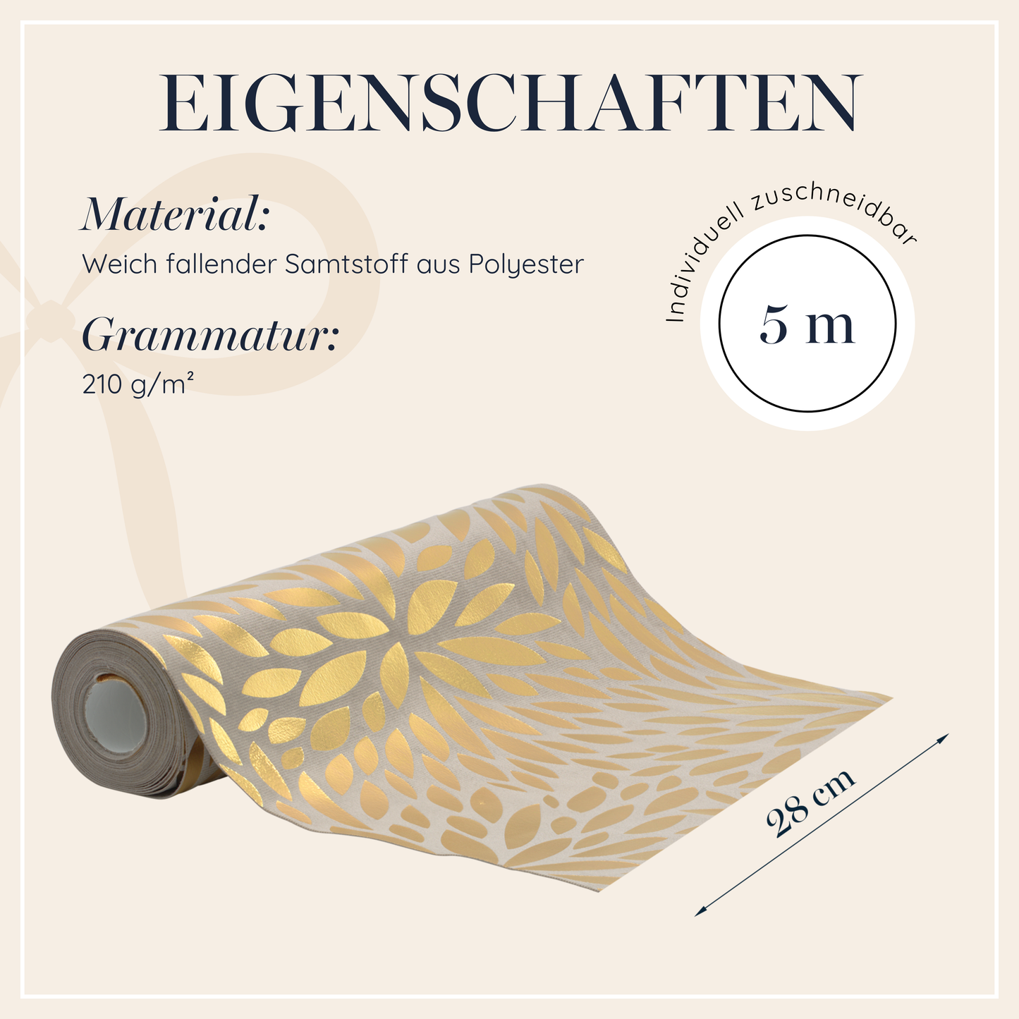Tischläufer Samt Taupe, Dahlien Gold