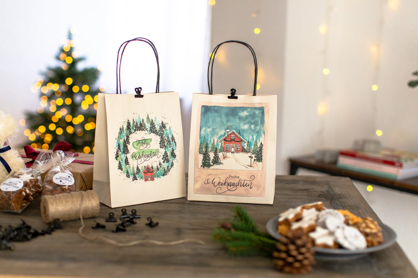 Geschenktüten für Weihnachten, Watercolor, 6 Stück