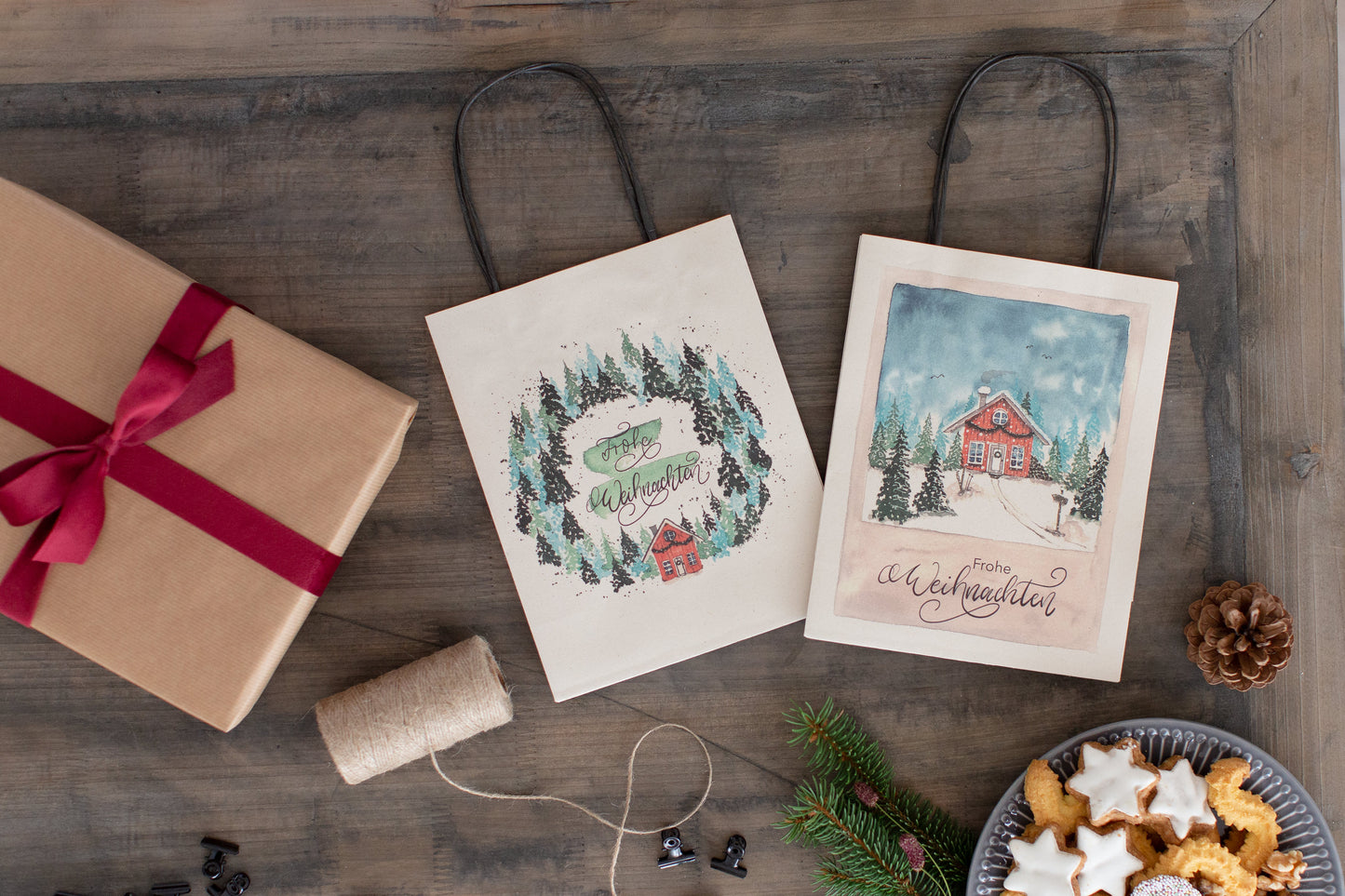 Geschenktüten für Weihnachten, Watercolor, 6 Stück