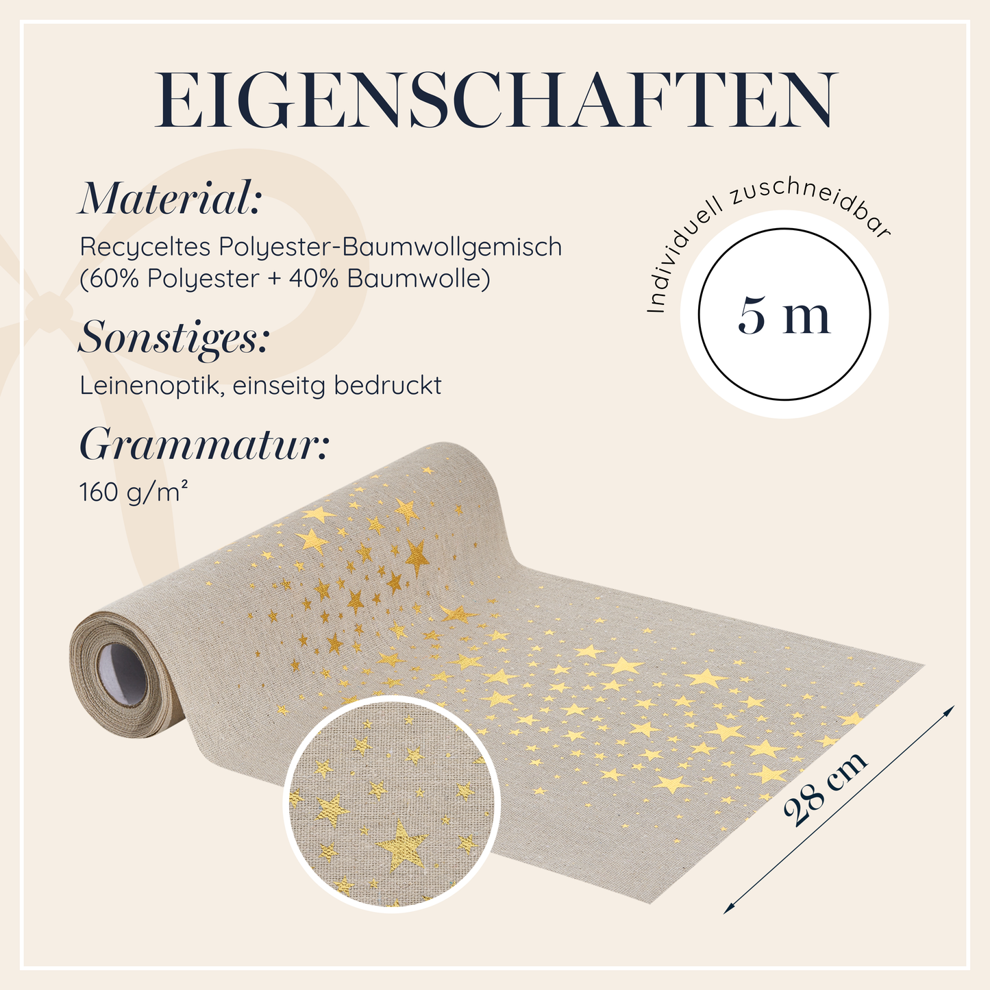 Tischläufer Natur mit goldenen Sternen
