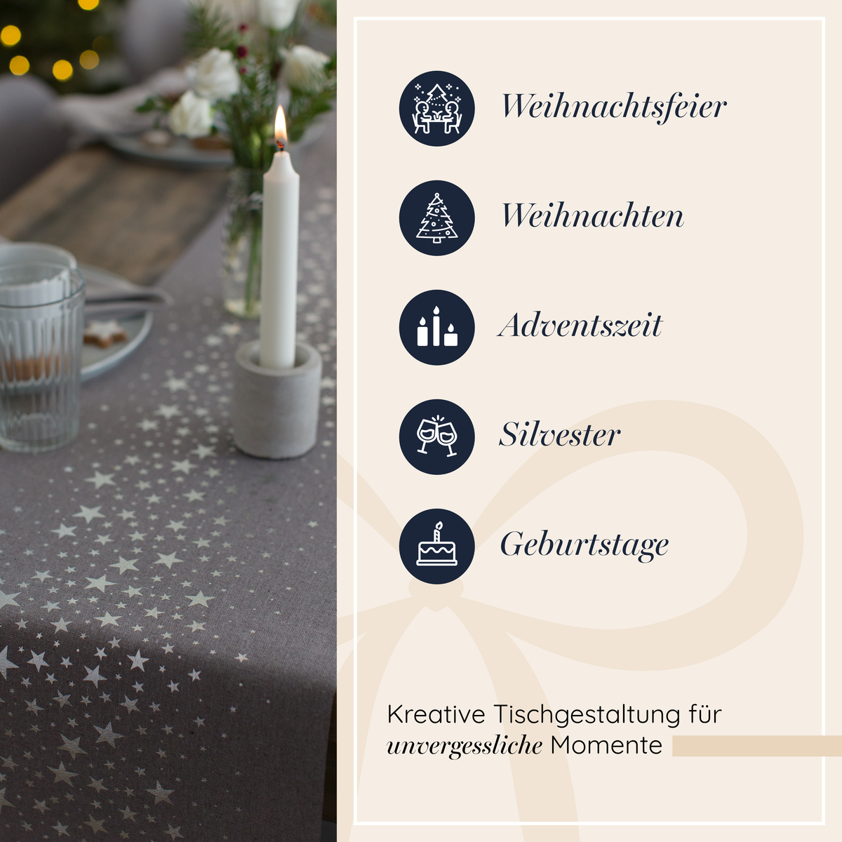 Moderner Tischläufer in Grau mit Sternendruck Silber